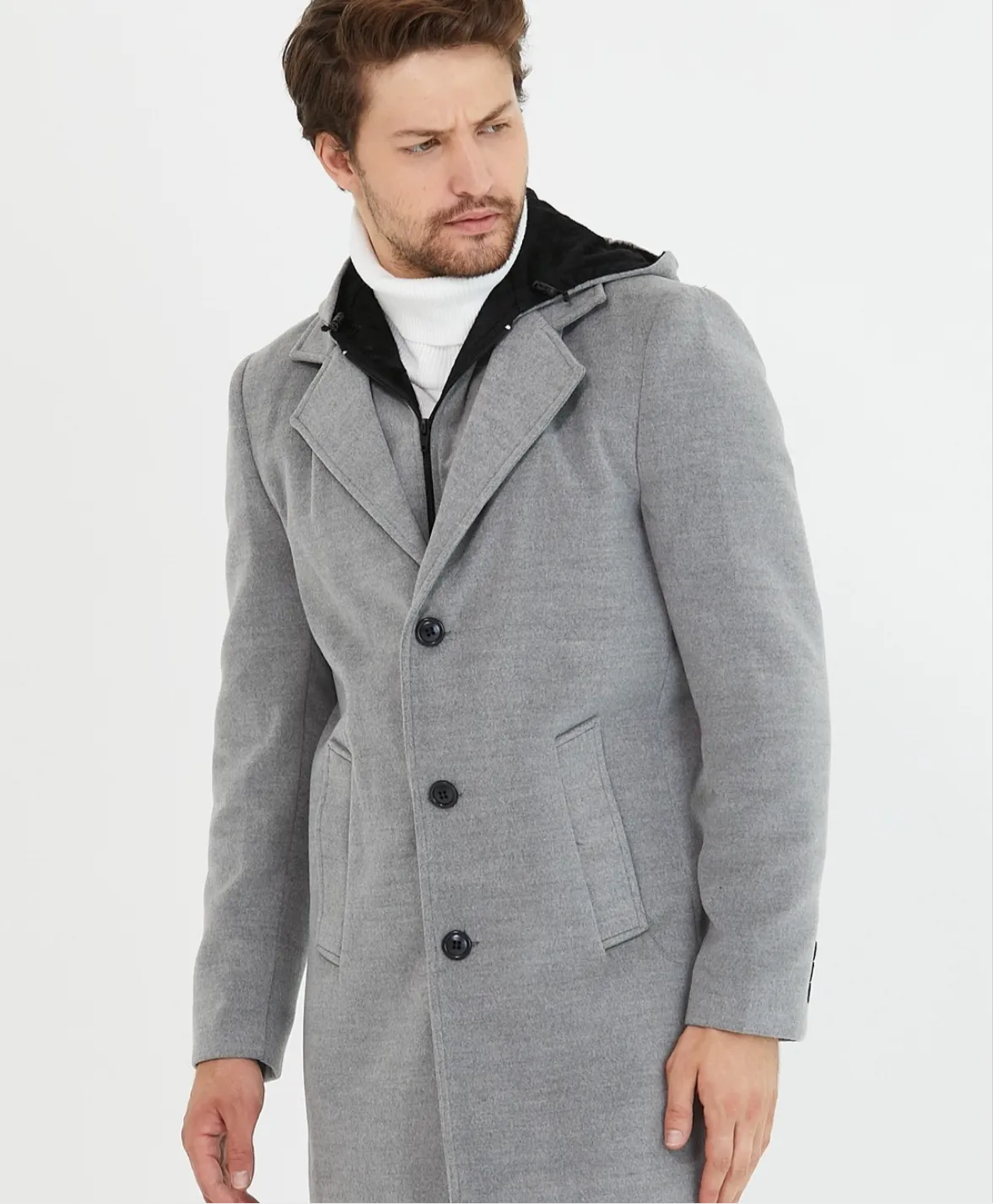 [Drew] Light Grey Single-Breasted Pea Coat with Removable Hood  100% Wool