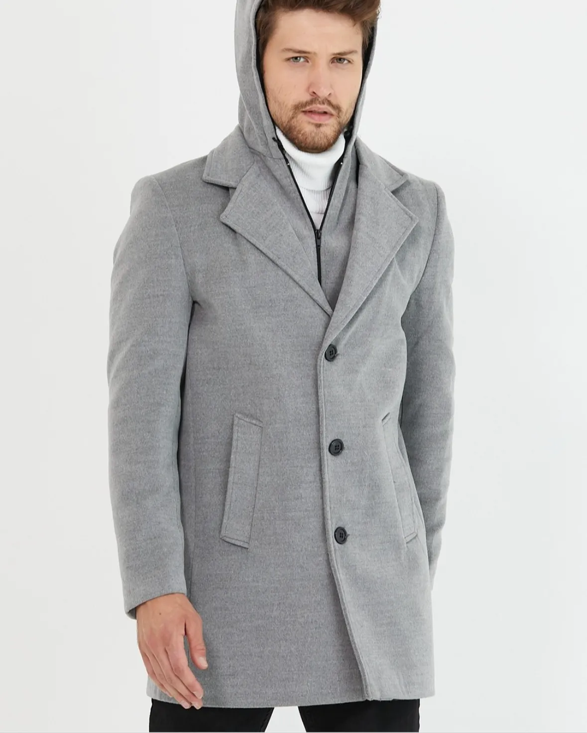 [Drew] Light Grey Single-Breasted Pea Coat with Removable Hood  100% Wool