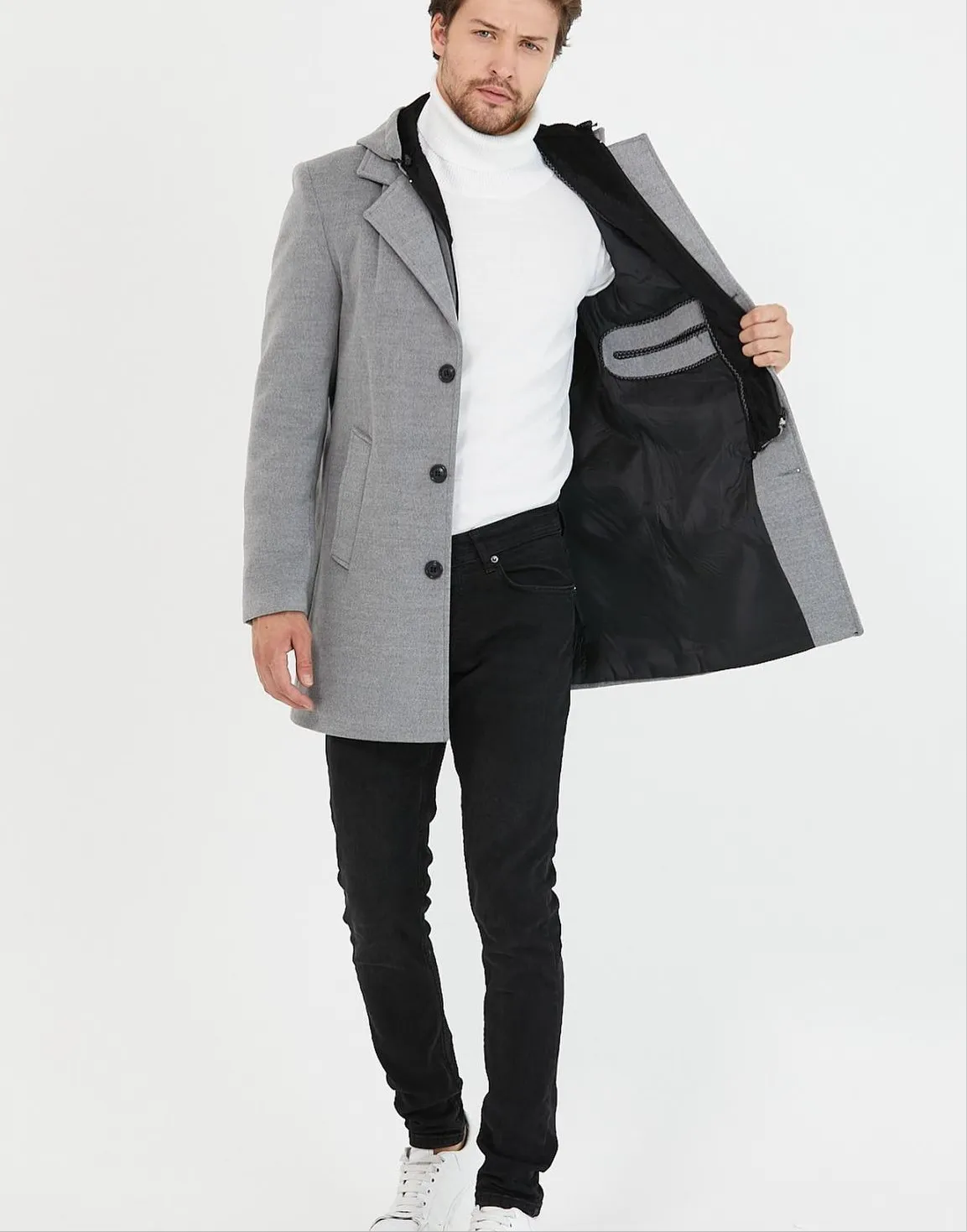 [Drew] Light Grey Single-Breasted Pea Coat with Removable Hood  100% Wool