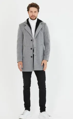 [Drew] Light Grey Single-Breasted Pea Coat with Removable Hood  100% Wool