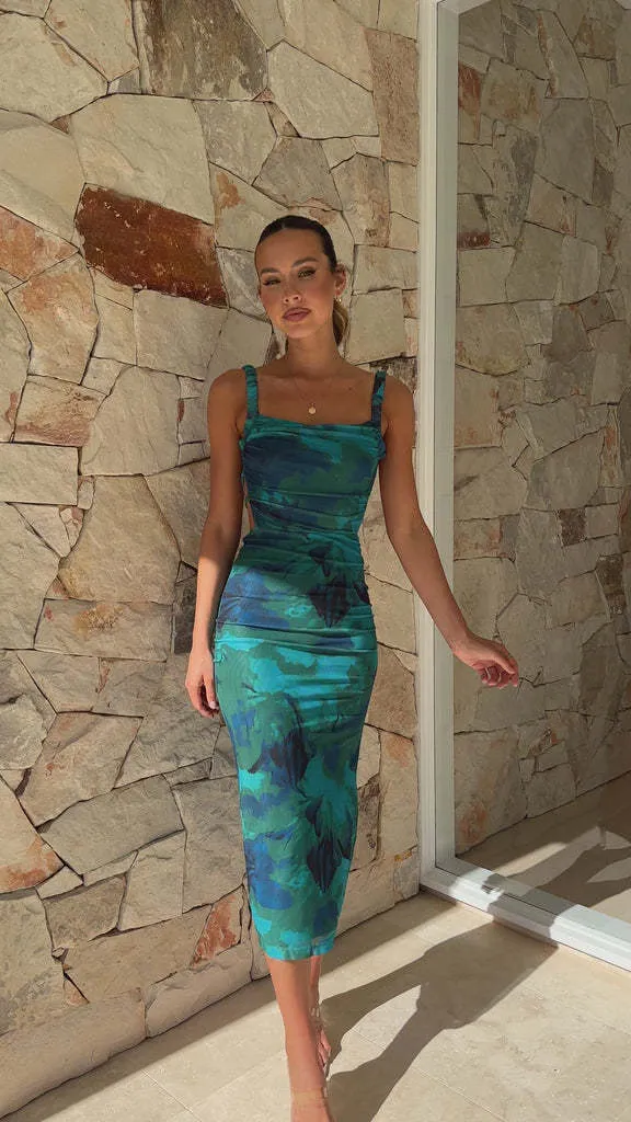 Elegant Backless Spaghetti Strap Printed Split Formal Dress