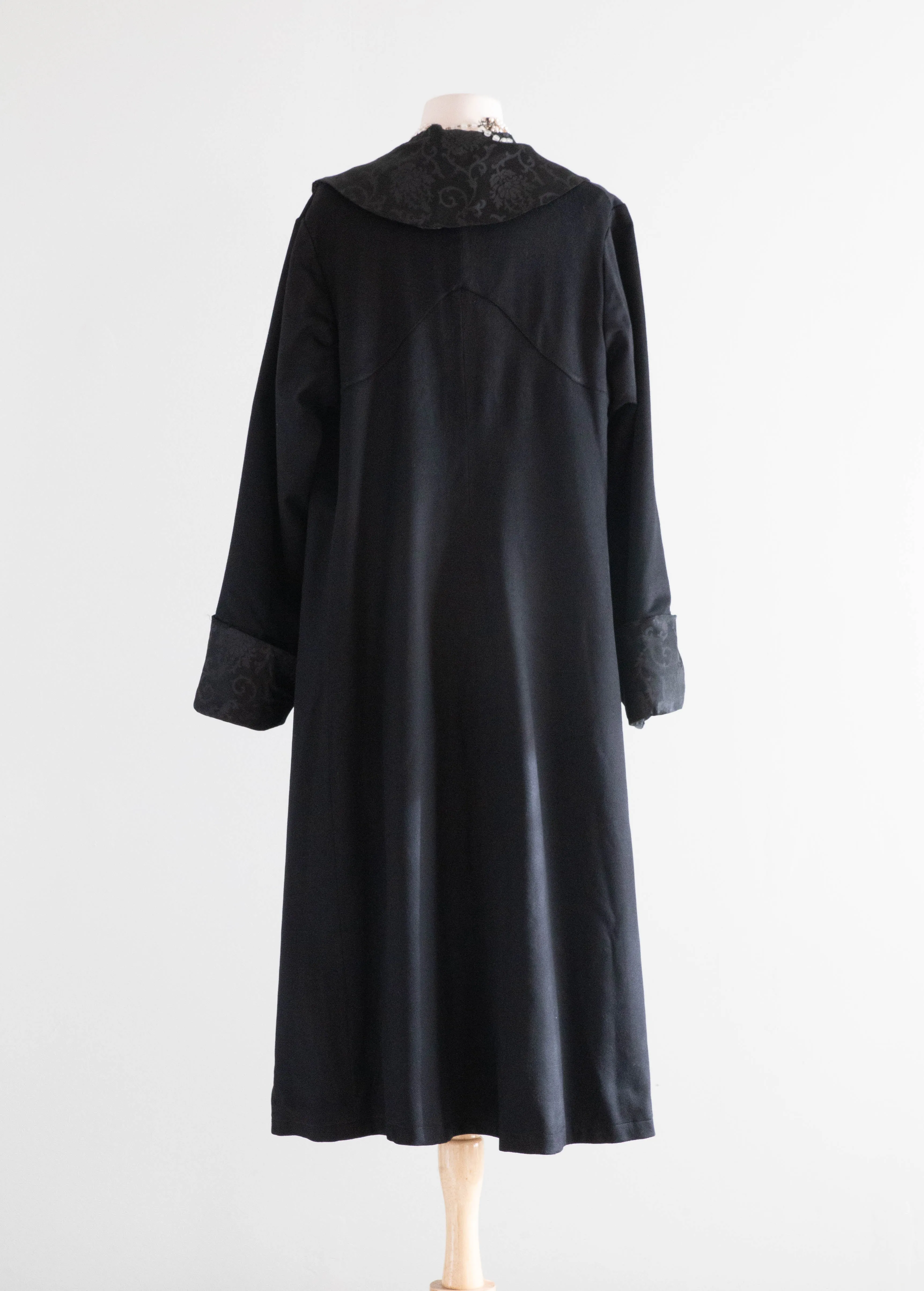 Elegant Early 1920's Black Wool Gabardine Evening Coat / M