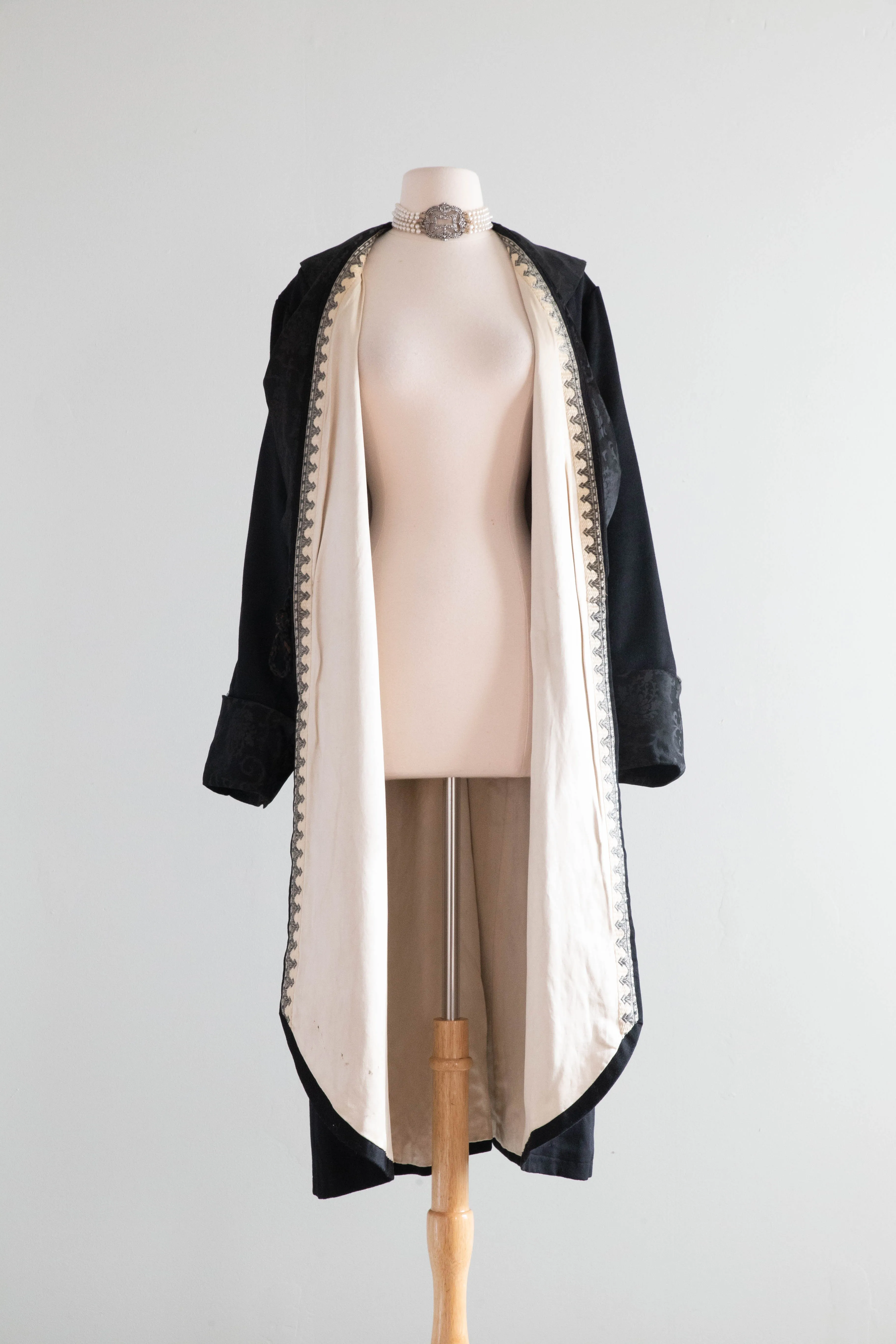 Elegant Early 1920's Black Wool Gabardine Evening Coat / M