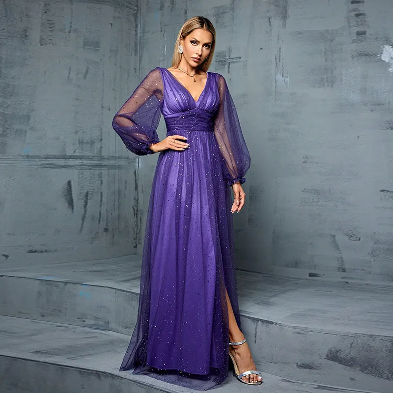 Elegant Purple See through Tulle Sequin Evening Dress