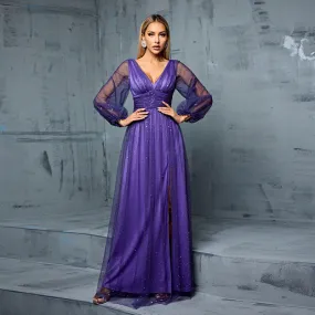 Elegant Purple See through Tulle Sequin Evening Dress