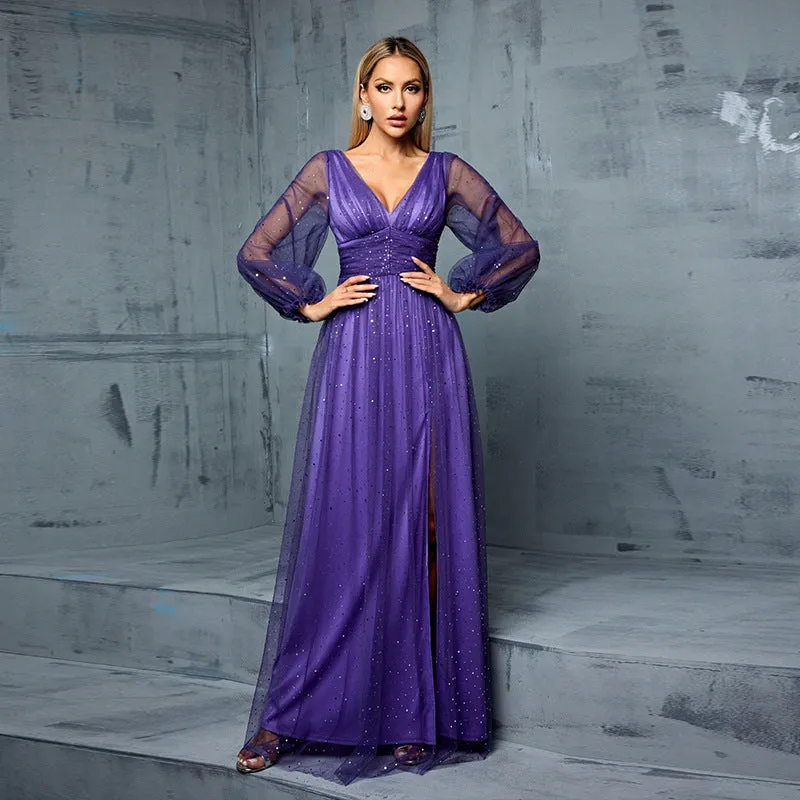 Elegant Purple See through Tulle Sequin Evening Dress
