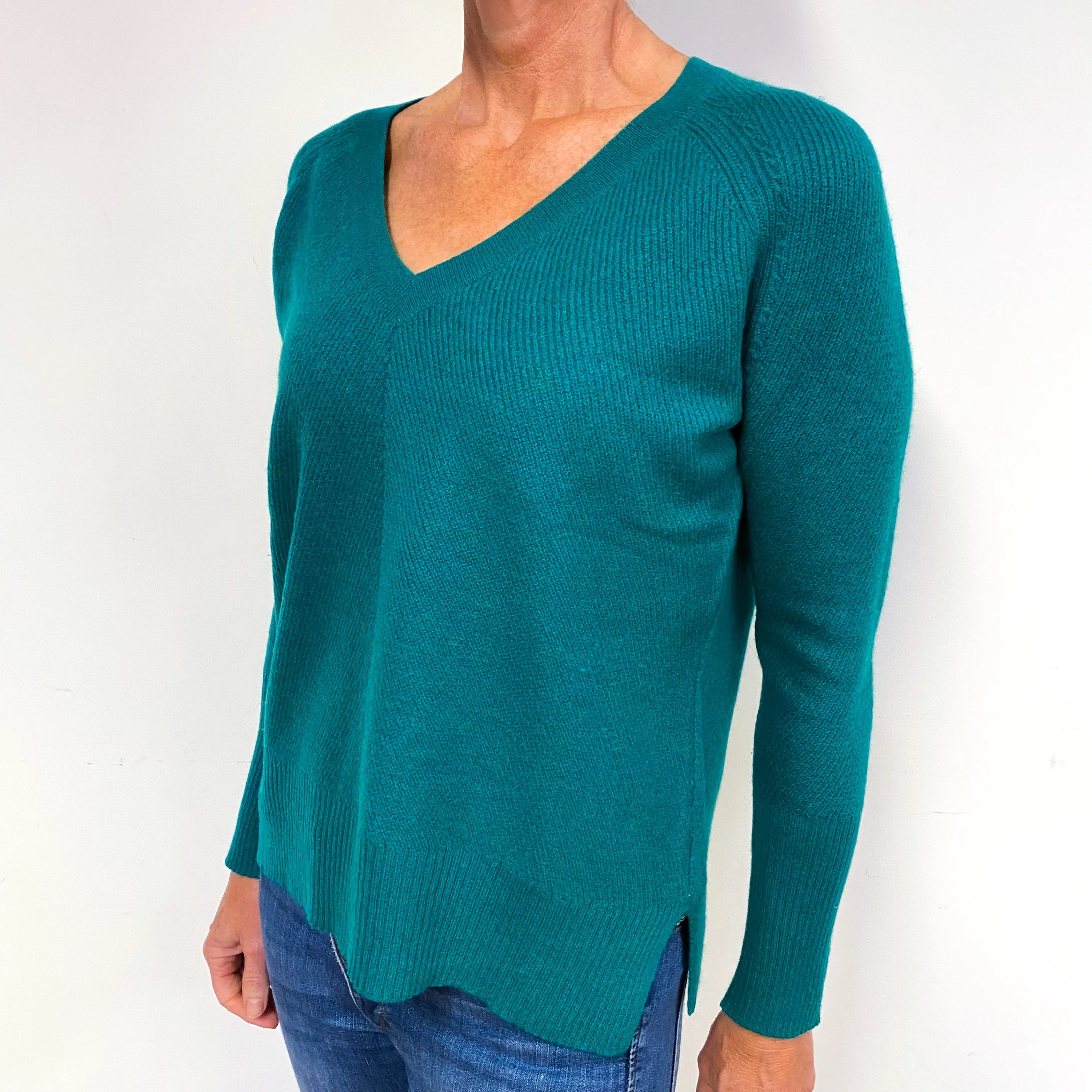 Emerald Green Ribbed Cashmere V-Neck Jumper Medium
