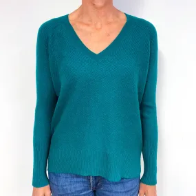 Emerald Green Ribbed Cashmere V-Neck Jumper Medium