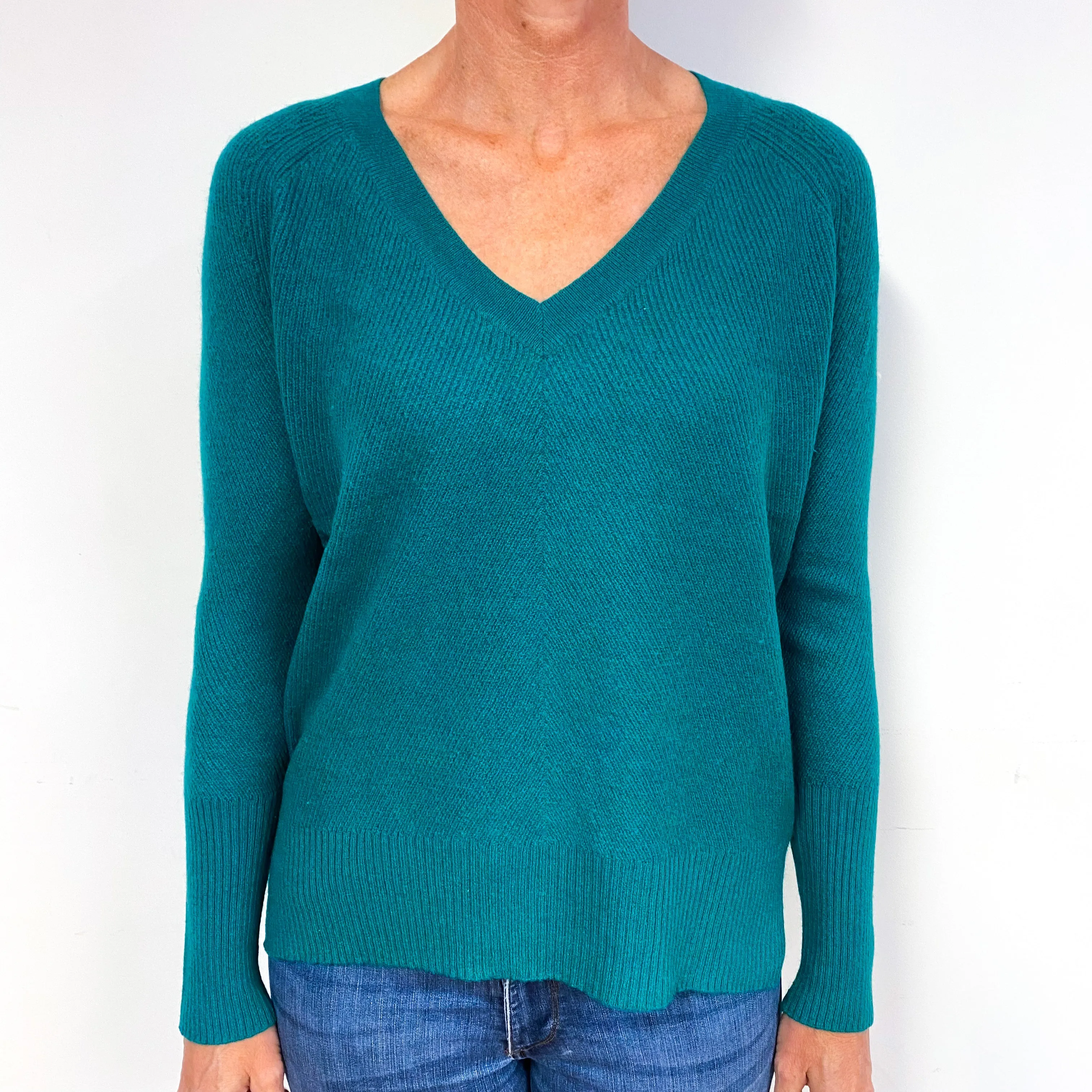 Emerald Green Ribbed Cashmere V-Neck Jumper Medium