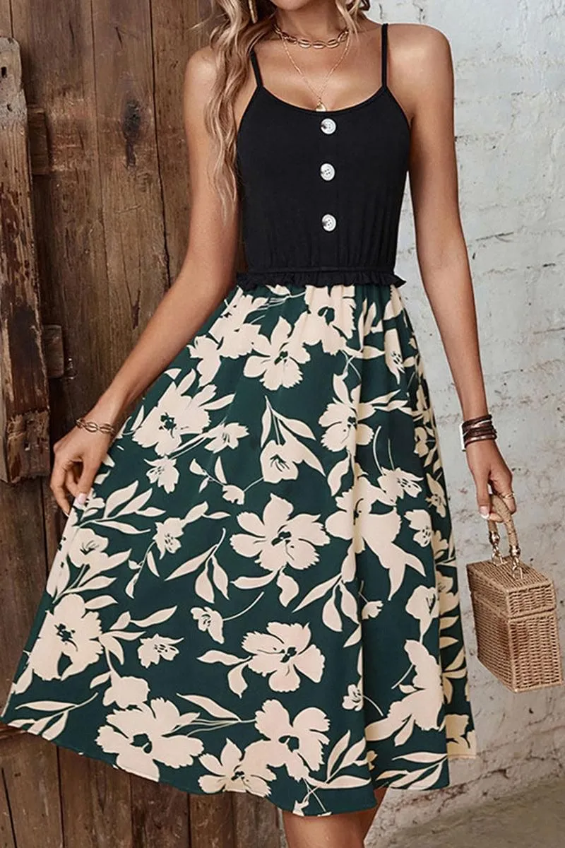 FLOWER PATTERN FLARE BUTTON POINT SLIP DRESS