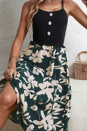 FLOWER PATTERN FLARE BUTTON POINT SLIP DRESS