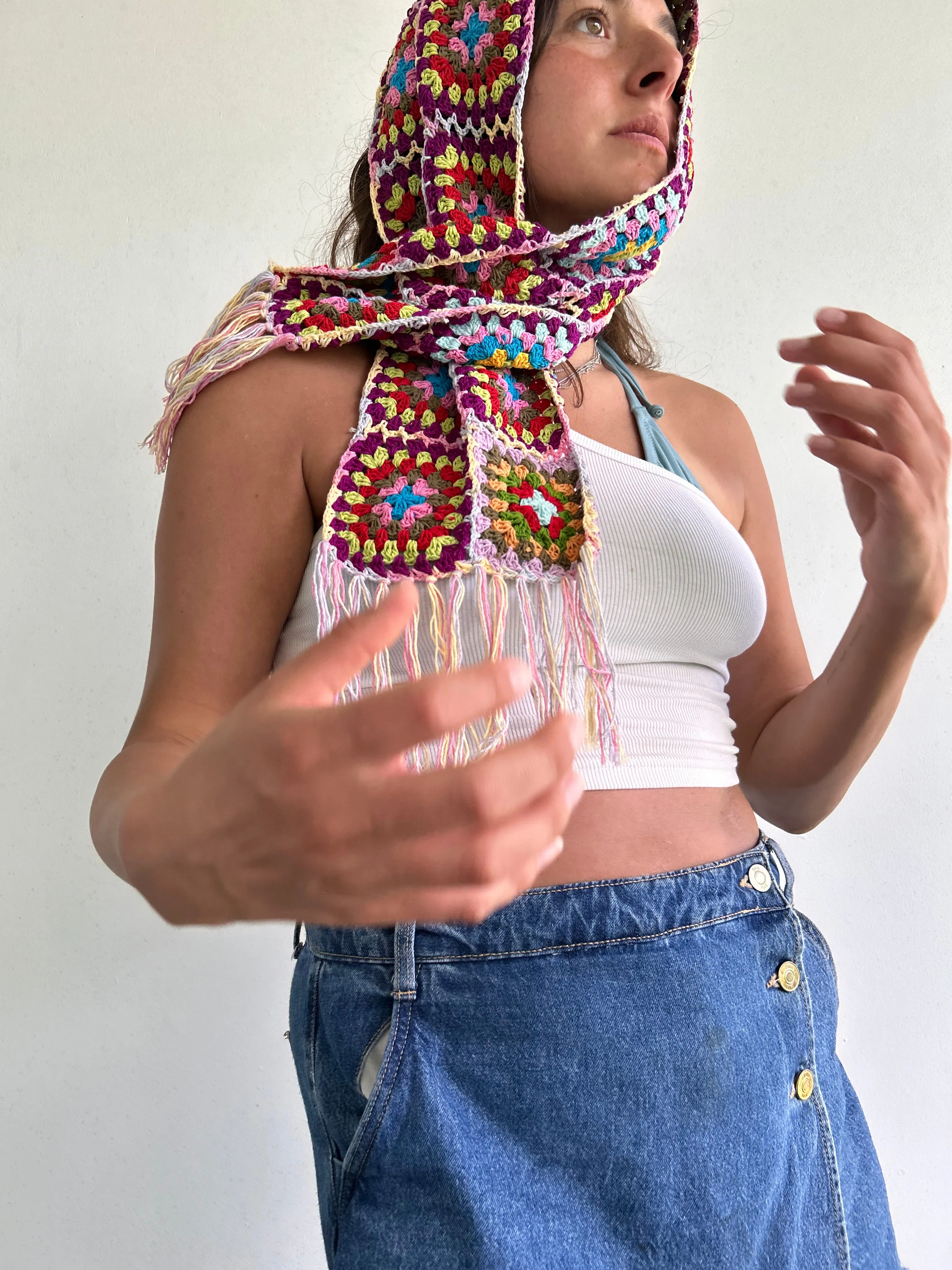 Granny Square crochet mini scarf with tassels
