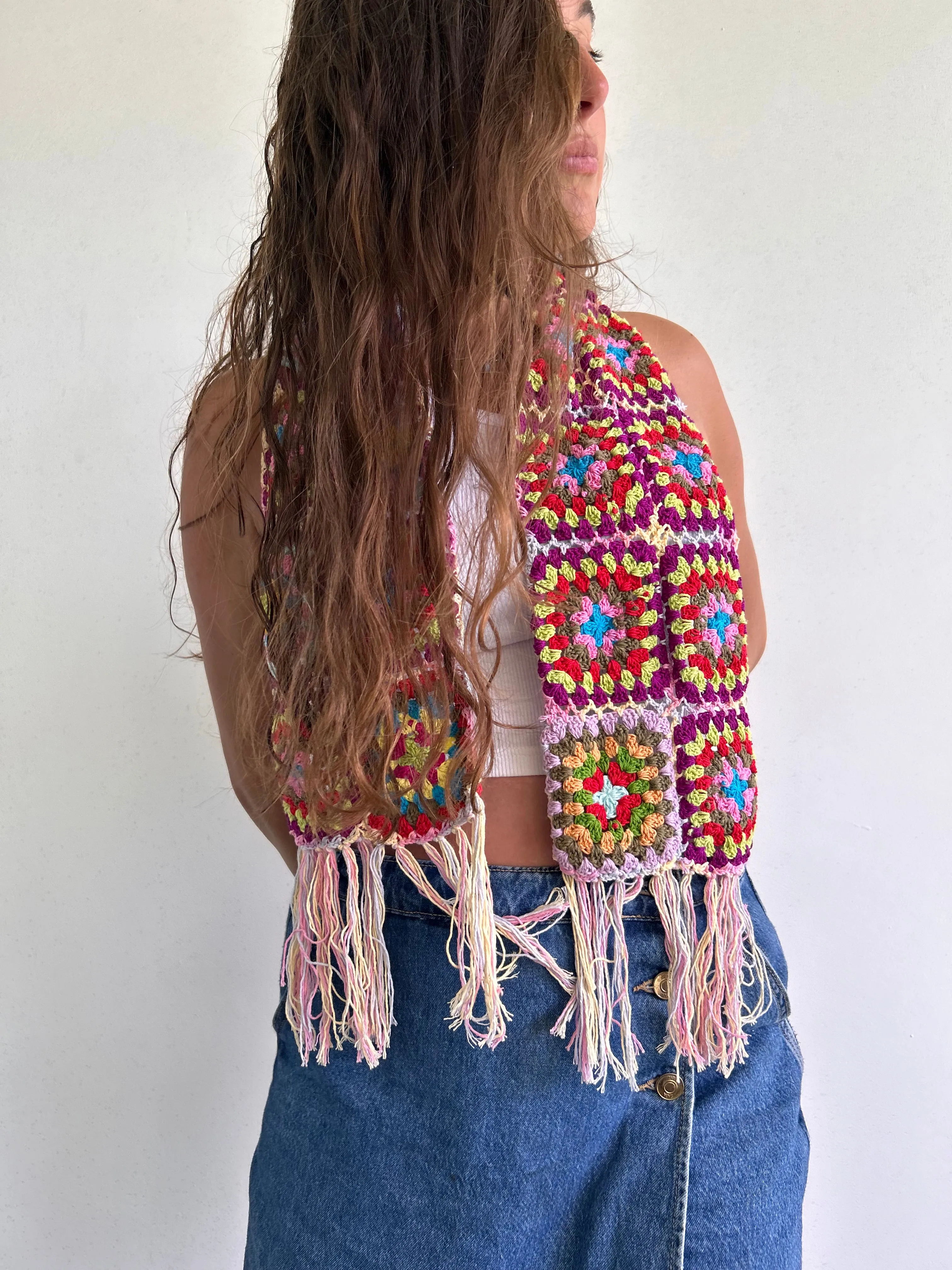 Granny Square crochet mini scarf with tassels