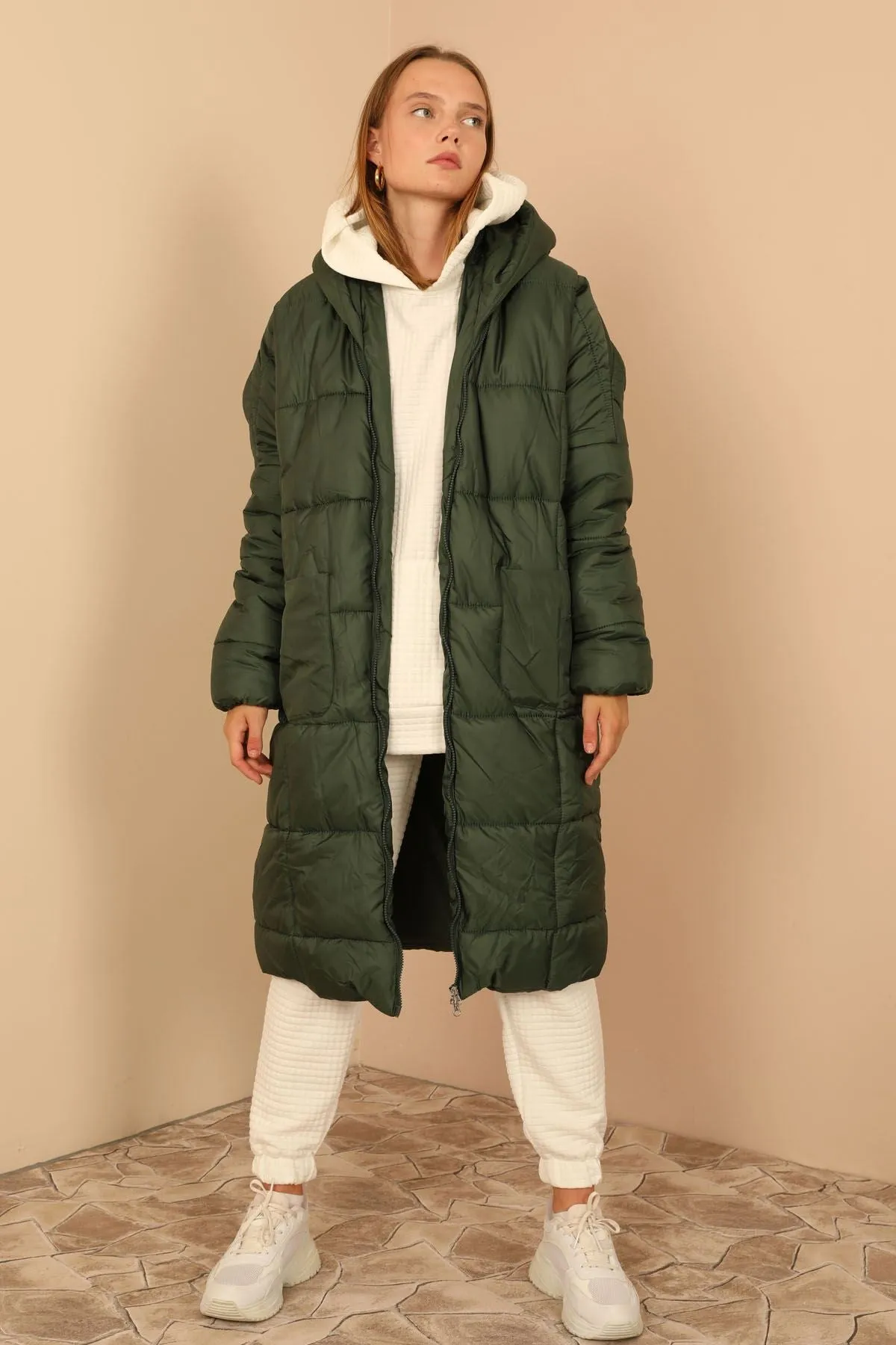 KKT Long Sleeve Oversize Women Coat - Khaki  - Woodland