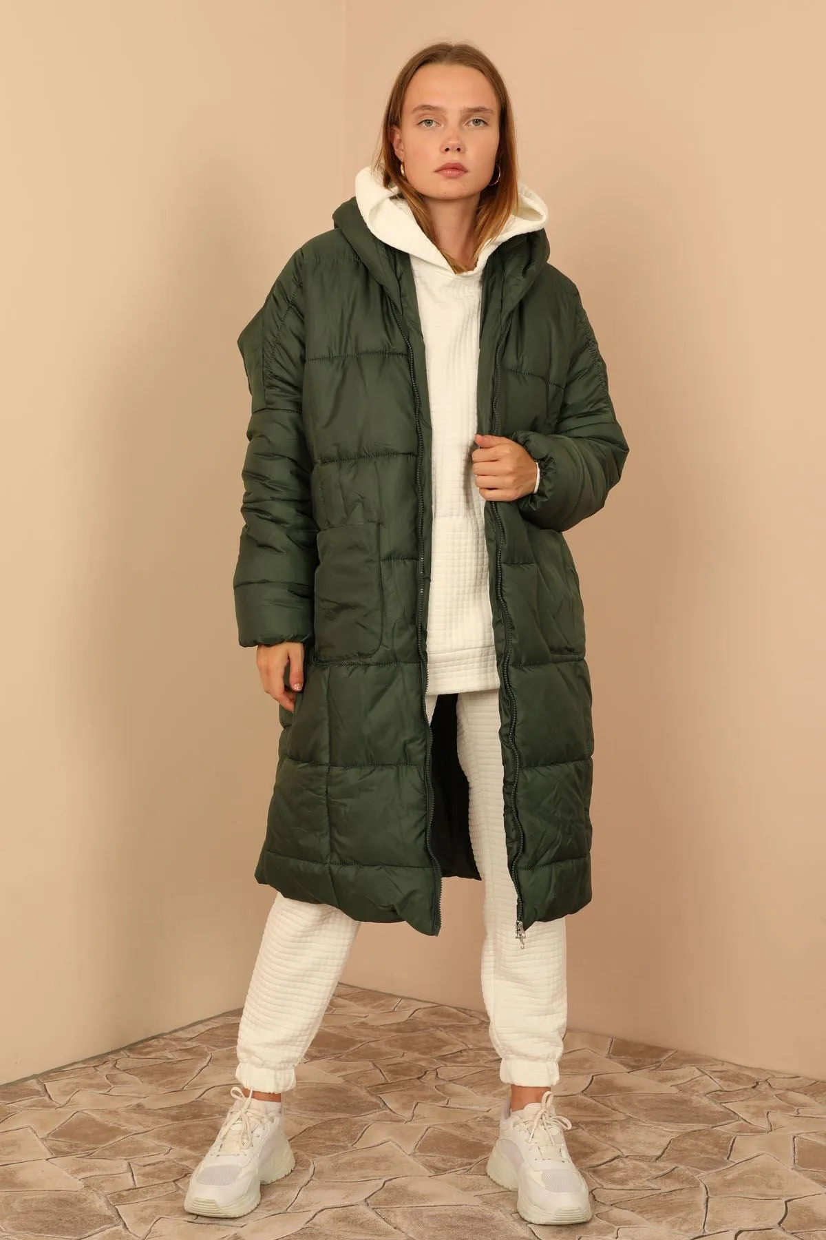 KKT Long Sleeve Oversize Women Coat - Khaki  - Woodland