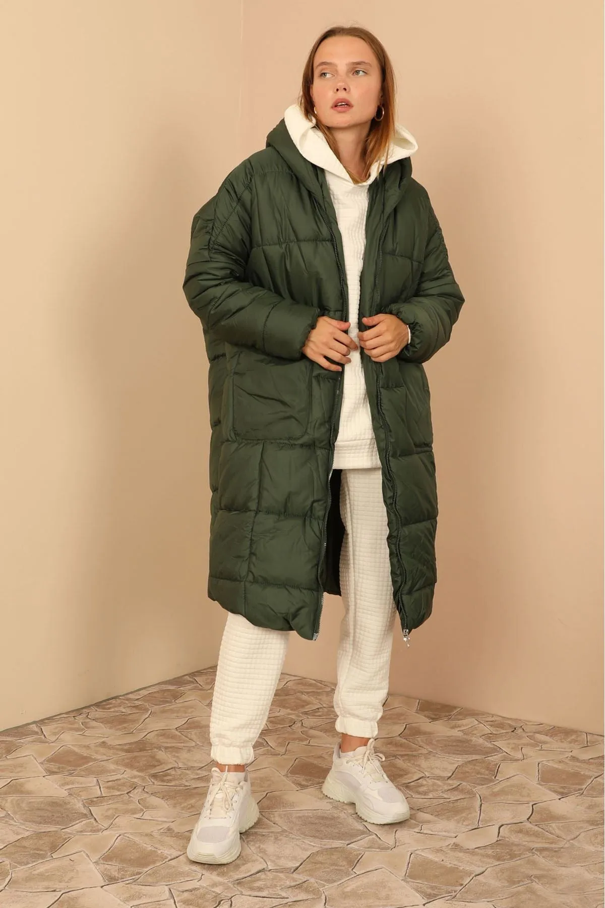 KKT Long Sleeve Oversize Women Coat - Khaki  - Woodland