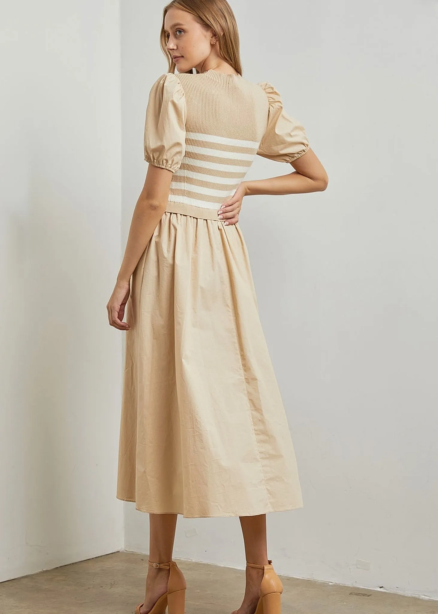 Leonora, Women’s Knit Stripe Bodice, Mixed Media, Maxi Dress, Sand