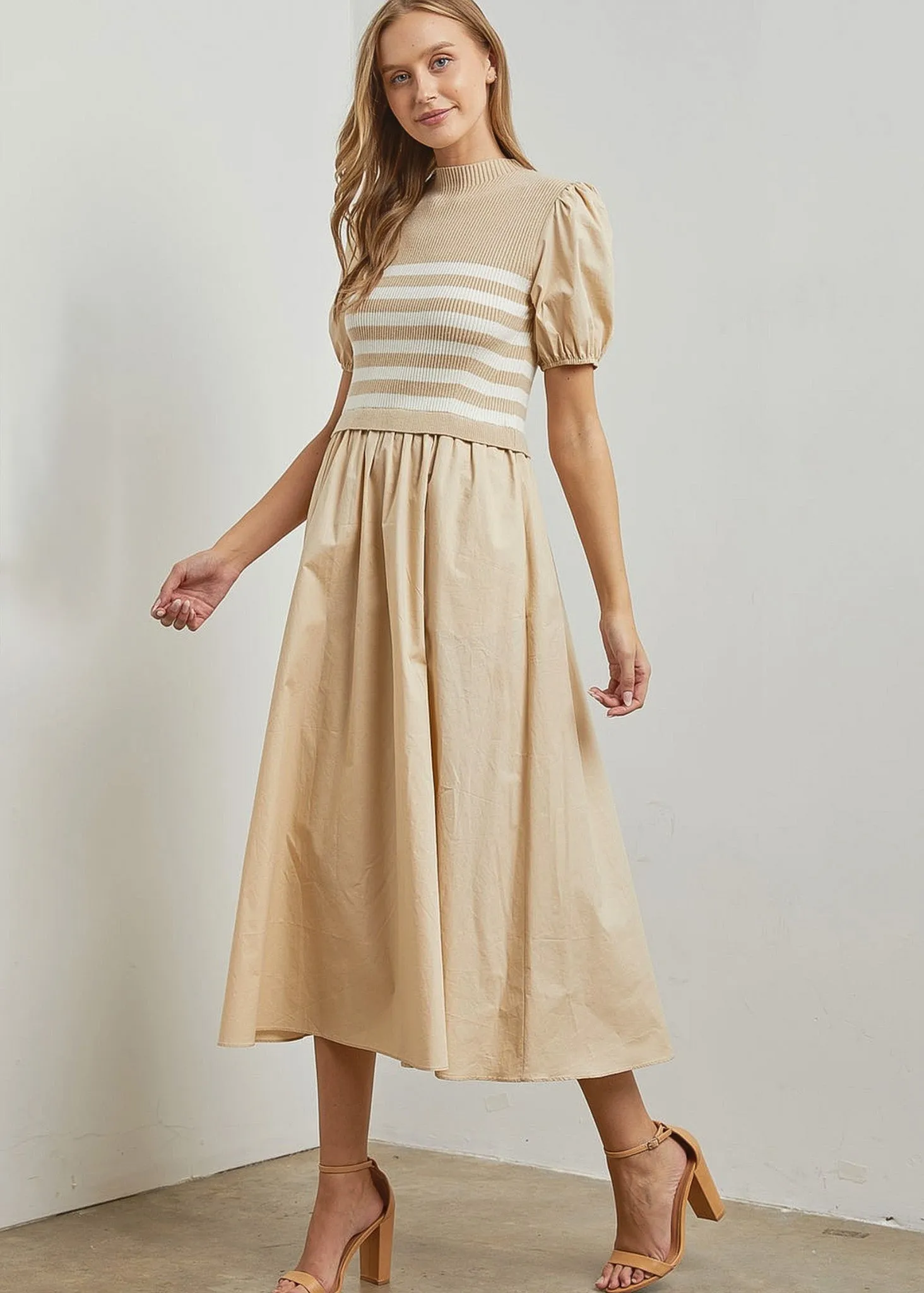 Leonora, Women’s Knit Stripe Bodice, Mixed Media, Maxi Dress, Sand