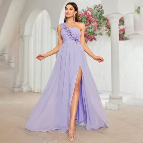 Long Purple Ruffle One-Shoulder Evening Dress