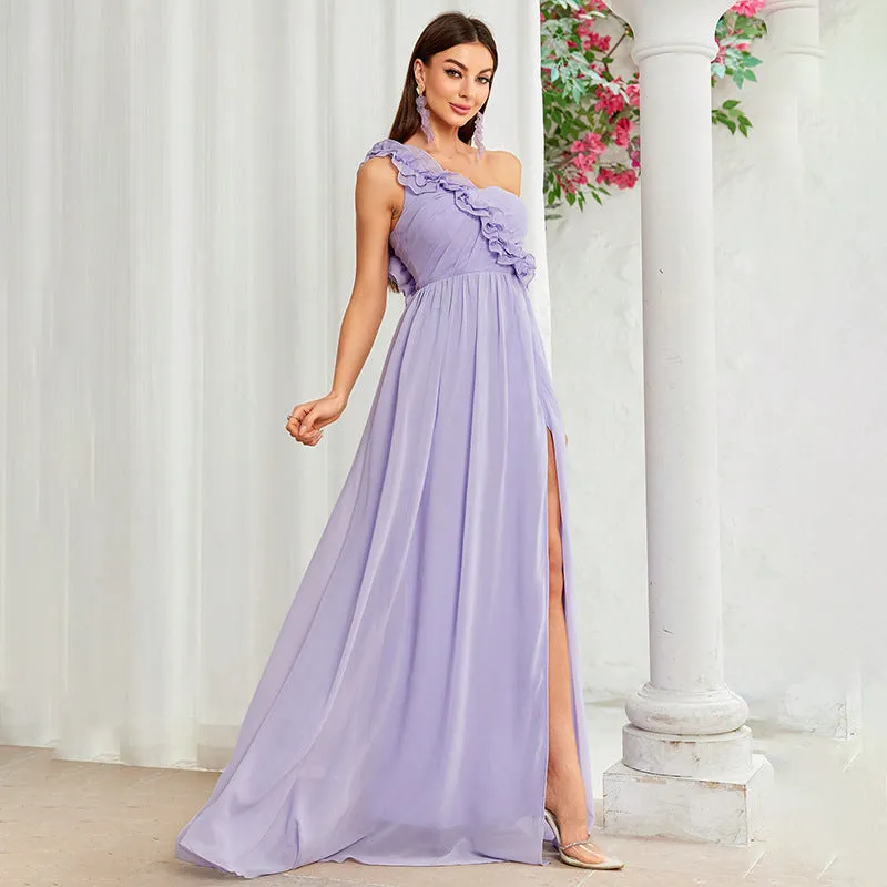 Long Purple Ruffle One-Shoulder Evening Dress