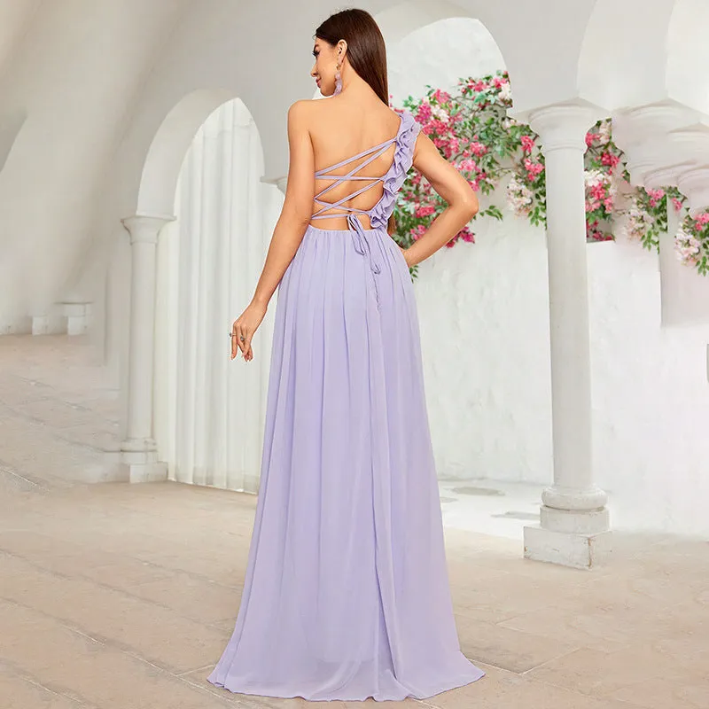Long Purple Ruffle One-Shoulder Evening Dress