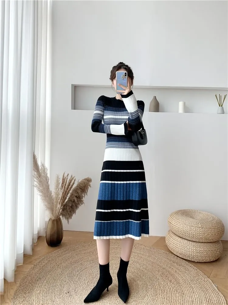 Long-Sleeve Crew Neck Striped Ribbed Knit Midi A-Line Dress