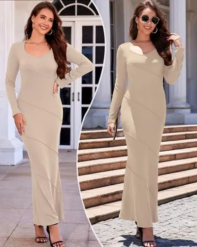 LUOFEN Women's Formal Bodycon Maxi Dress V Neck Long Sleeve Ribbed Knit Beveled Edge Casual Elegant Party Maxi Dresses Beige S