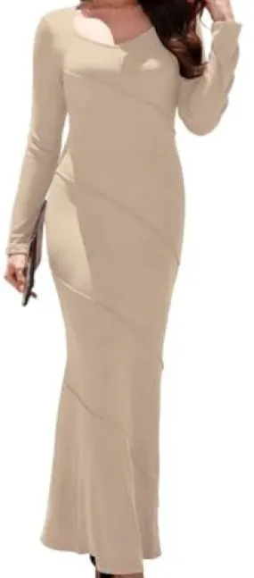 LUOFEN Women's Formal Bodycon Maxi Dress V Neck Long Sleeve Ribbed Knit Beveled Edge Casual Elegant Party Maxi Dresses Beige S