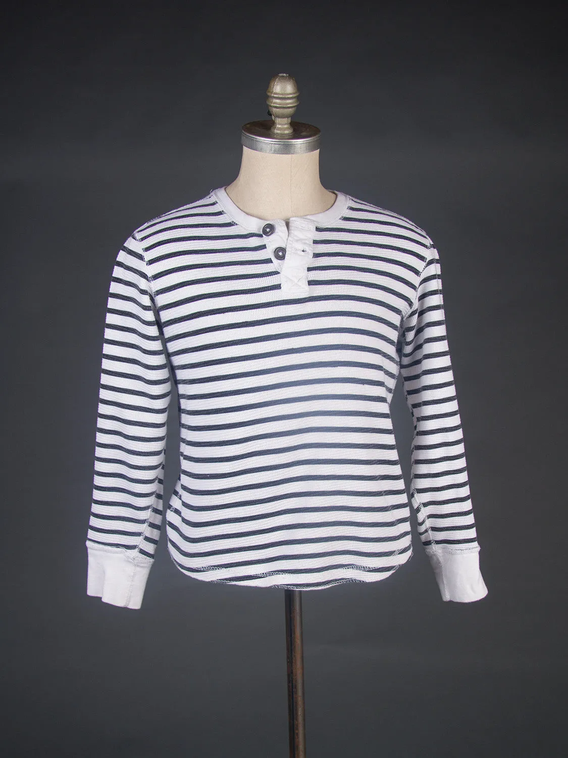 Men's Black & White Striped Henley Shirt, Medium
