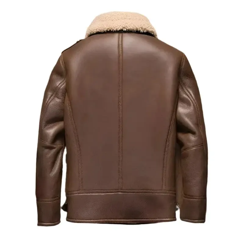Men's Short Style Brown Shearling Pilot Leather Jacket - Warm & Stylish