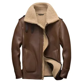 Men's Short Style Brown Shearling Pilot Leather Jacket - Warm & Stylish
