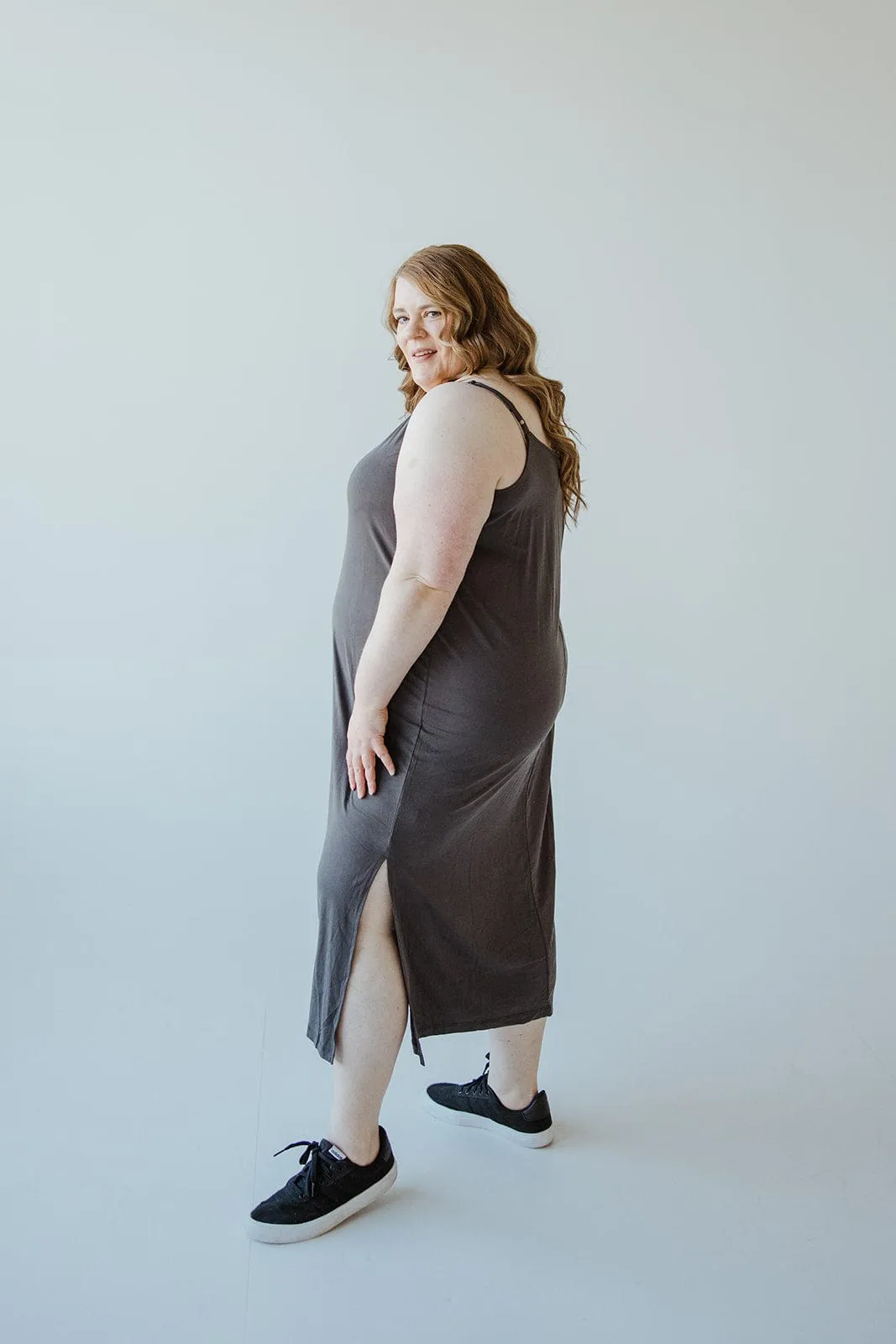 MIDI LENGTH SLIP DRESS IN ASH GREY