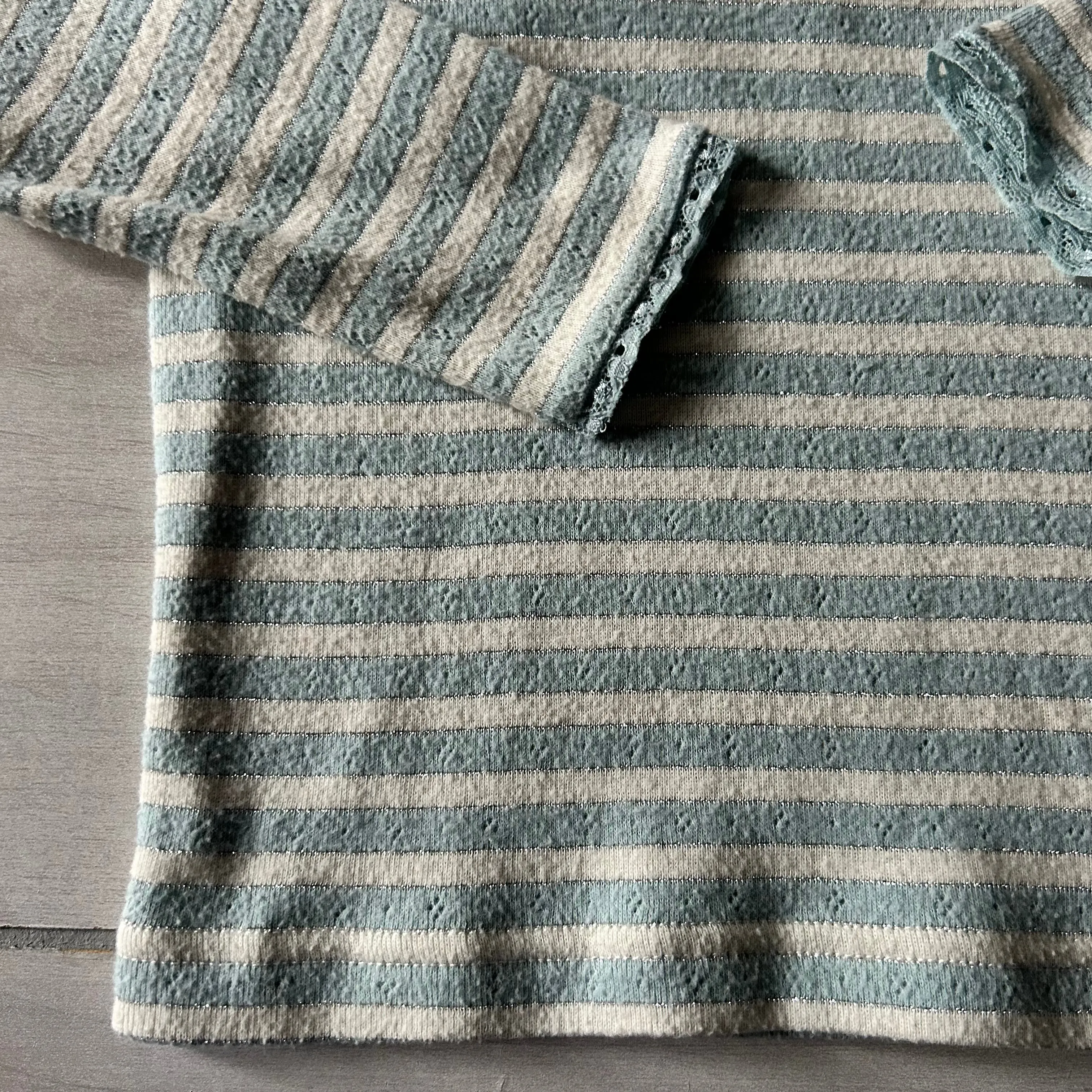 Mini Boden Ice Blue Sparkle Stripe Pointelle Long Sleeve Shirt