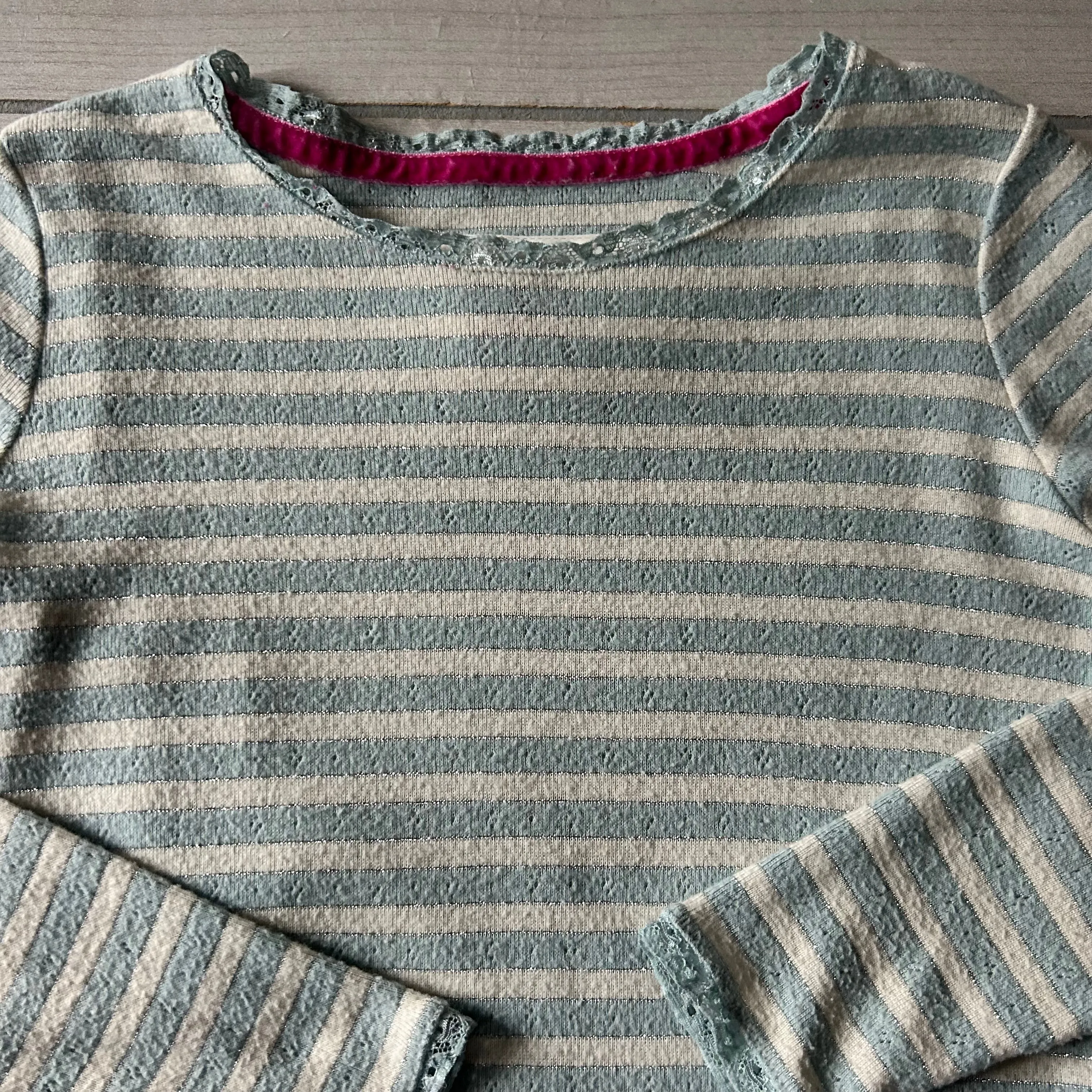 Mini Boden Ice Blue Sparkle Stripe Pointelle Long Sleeve Shirt