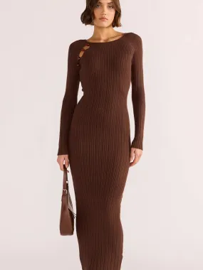MINK PINK ZINNIA BEAD KNIT MIDI DRESS CHOCOLATE