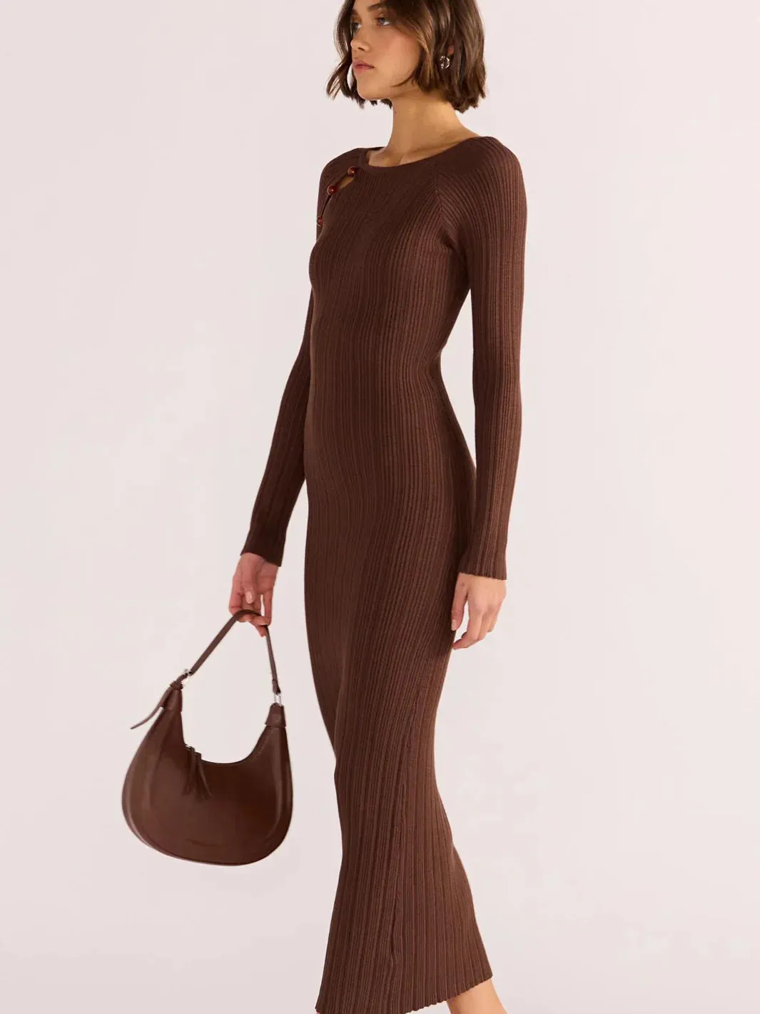 MINK PINK ZINNIA BEAD KNIT MIDI DRESS CHOCOLATE