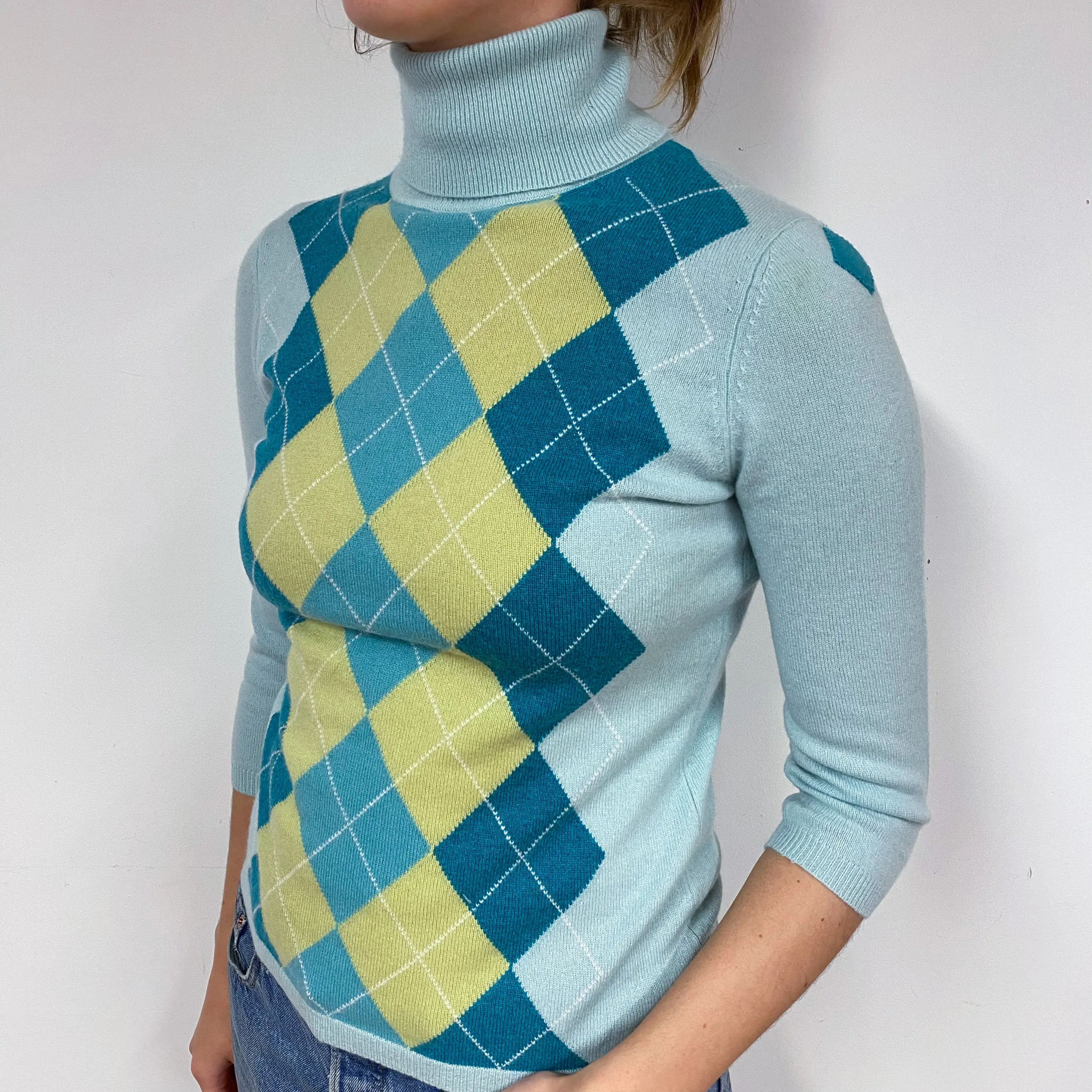 Mint Green Diamond Cashmere Polo Neck Jumper Small