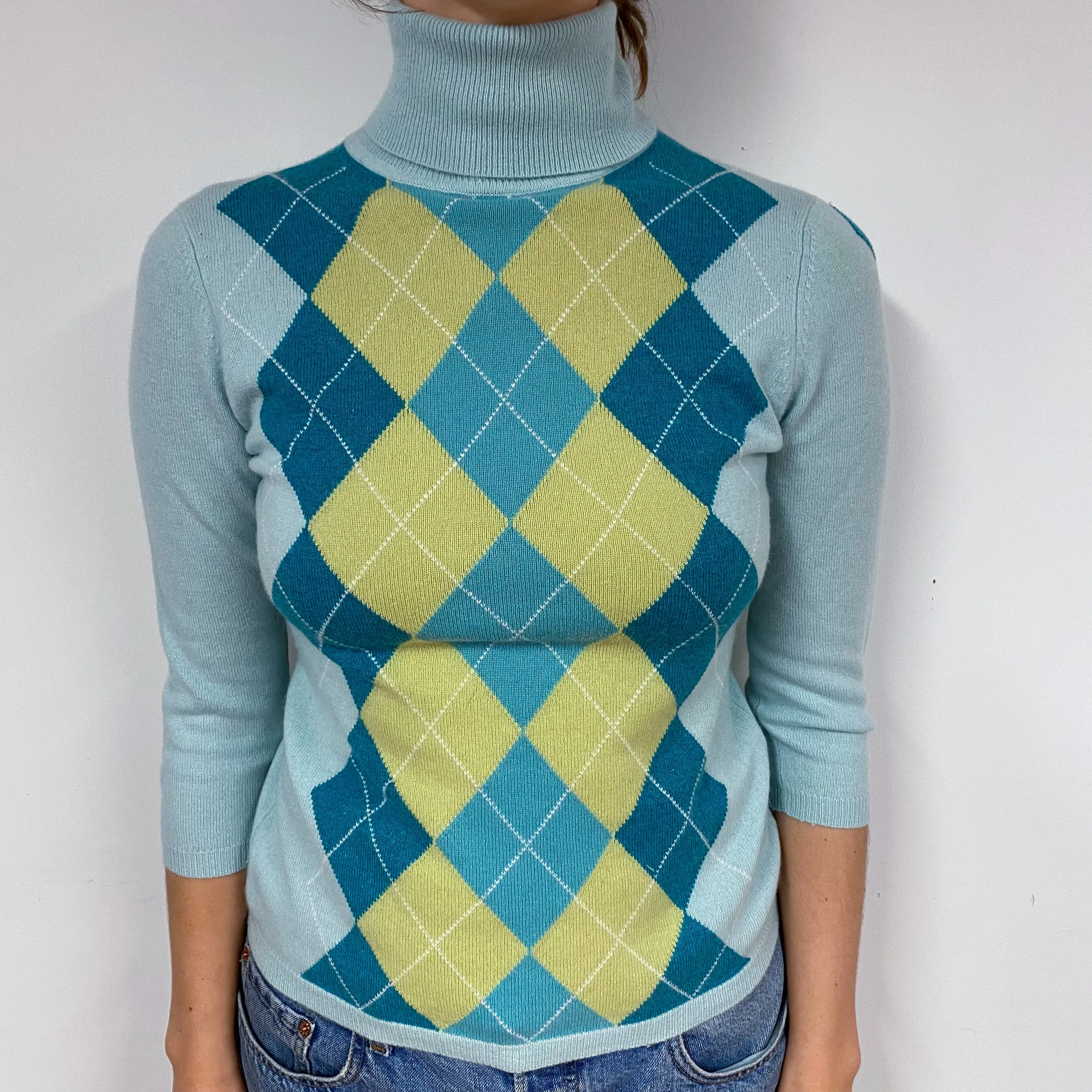 Mint Green Diamond Cashmere Polo Neck Jumper Small