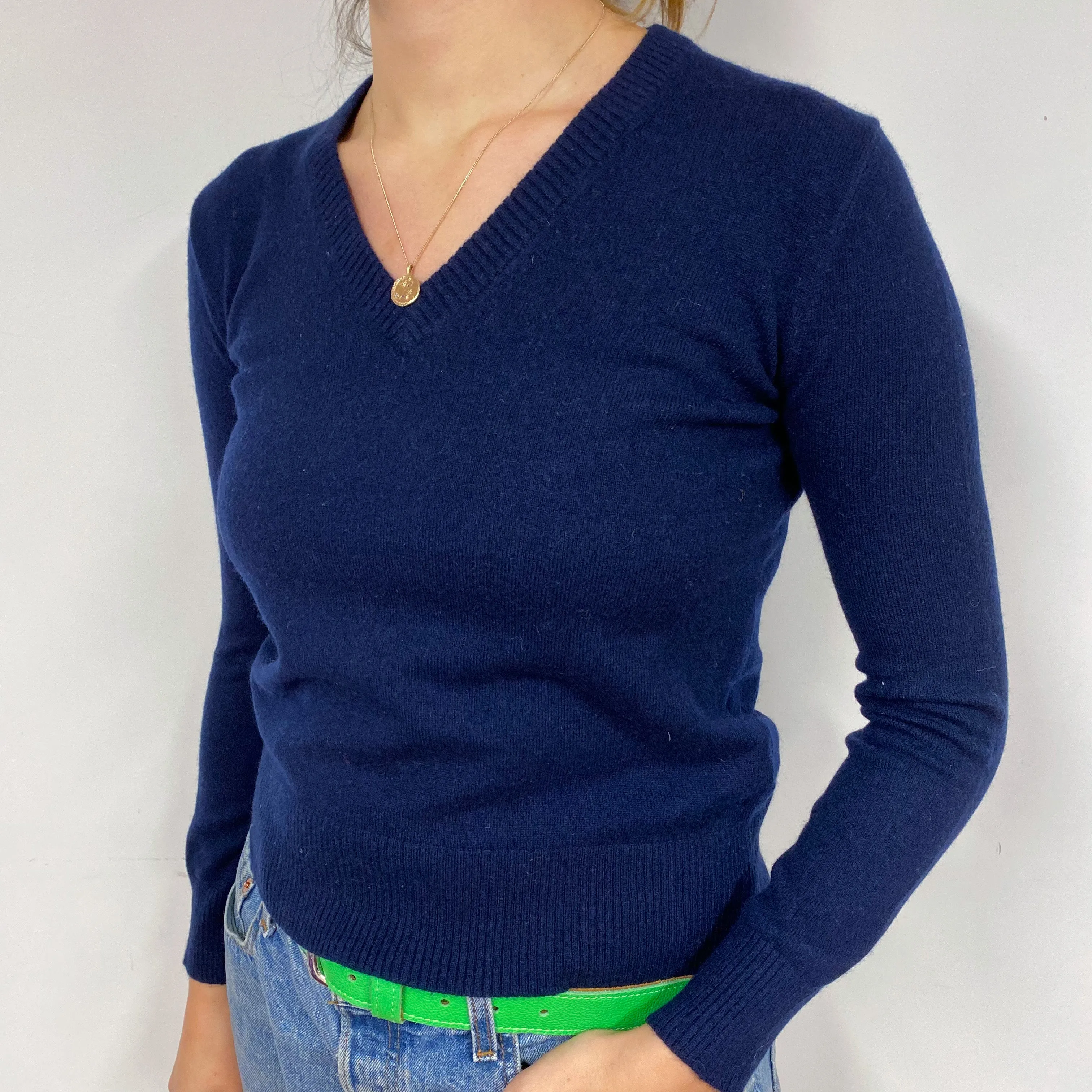Navy Blue Cashmere V-Neck Jumper Small