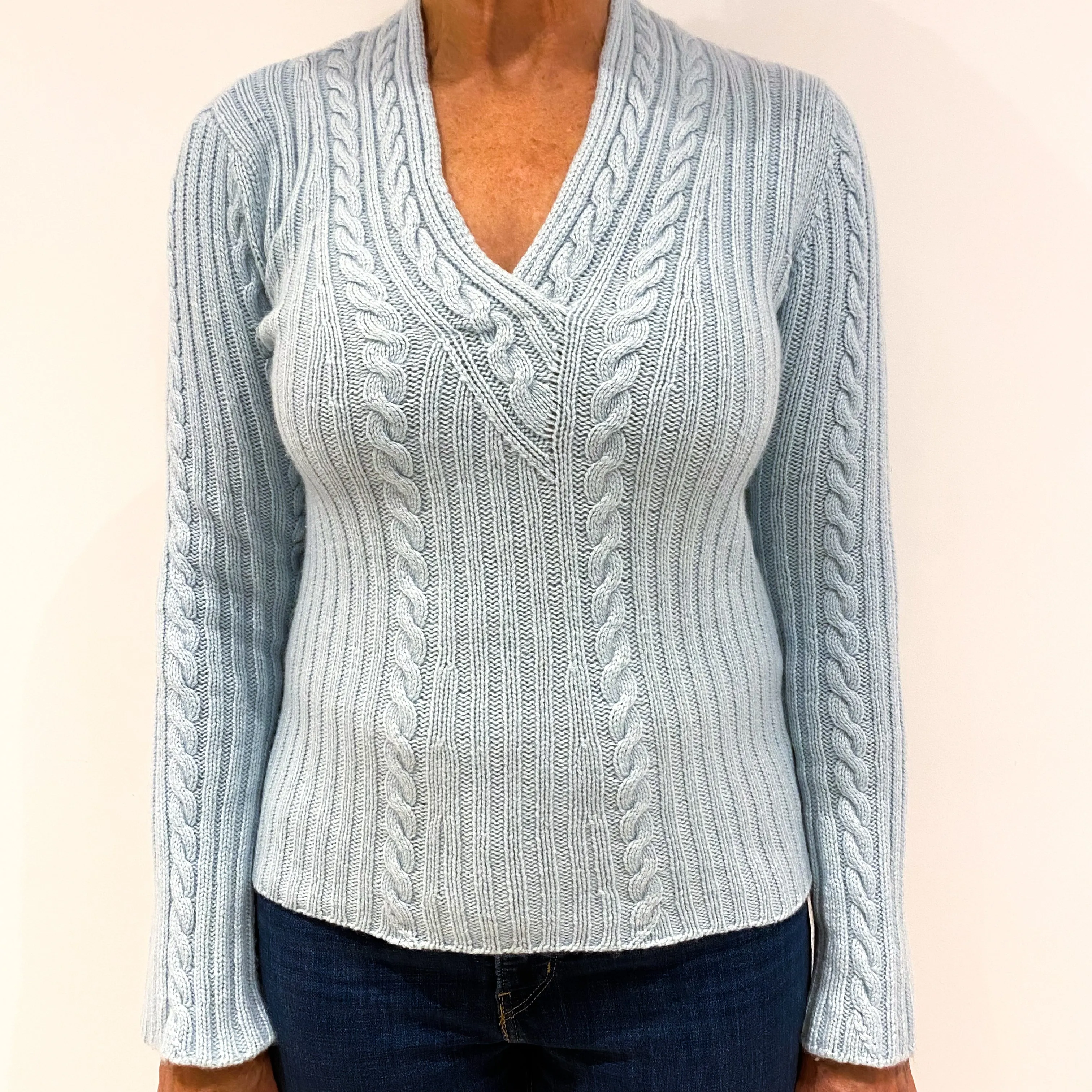 Pale Aqua Blue Cable Knit Cashmere V-Neck Jumper Medium