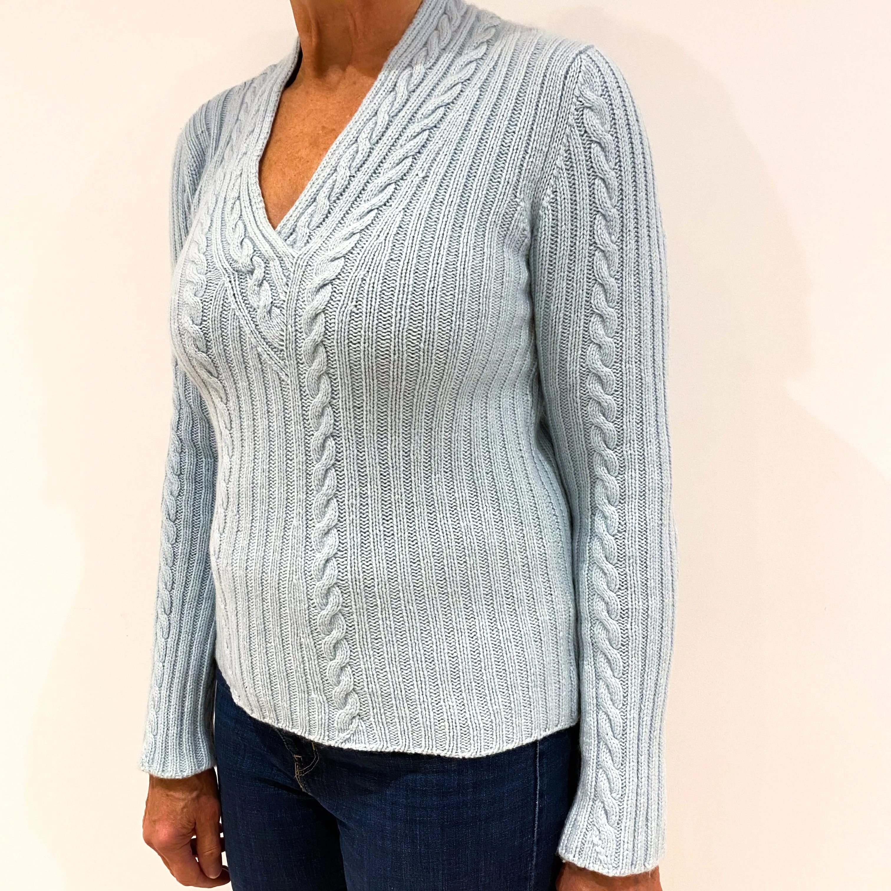Pale Aqua Blue Cable Knit Cashmere V-Neck Jumper Medium