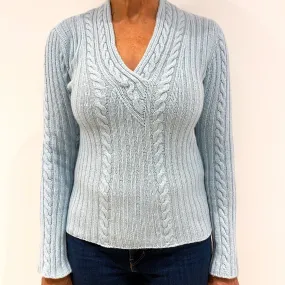 Pale Aqua Blue Cable Knit Cashmere V-Neck Jumper Medium