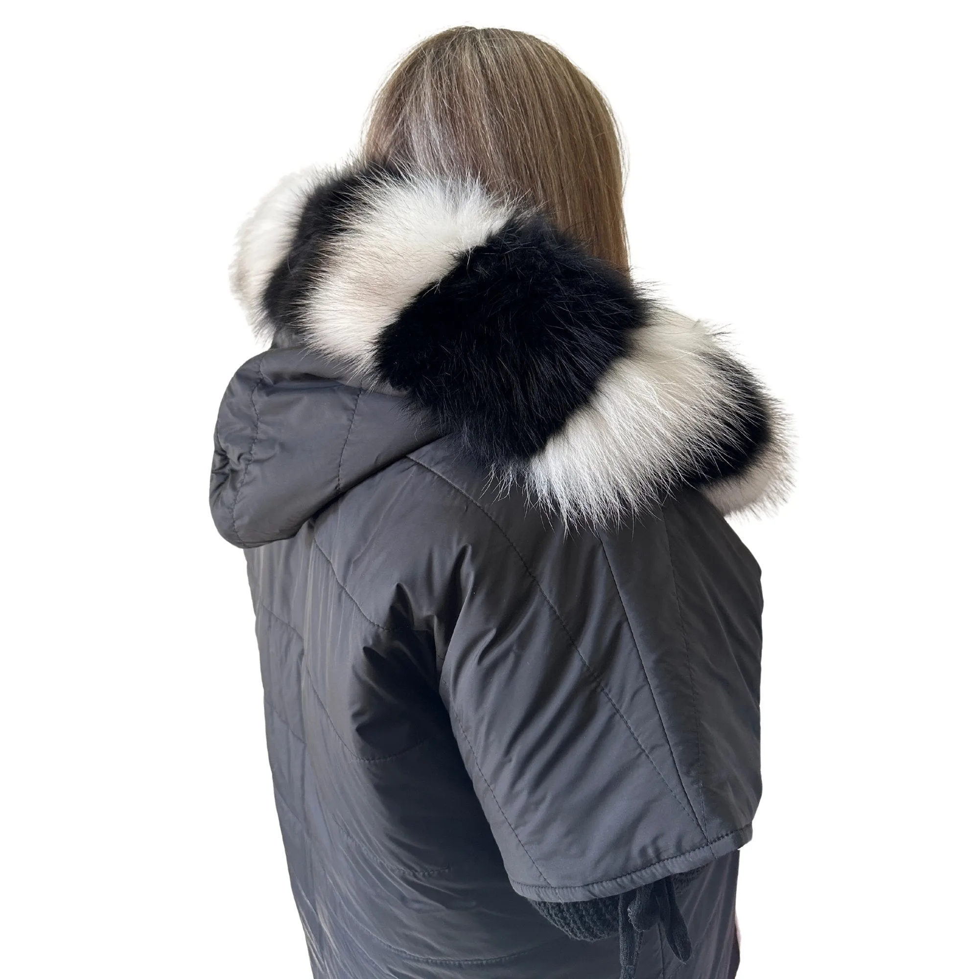 Puffer Ivory Black Quilted Double-Sided Long Coat Vest Cape with Hood - Stylish and Warm Women's Outerwear Plus size
