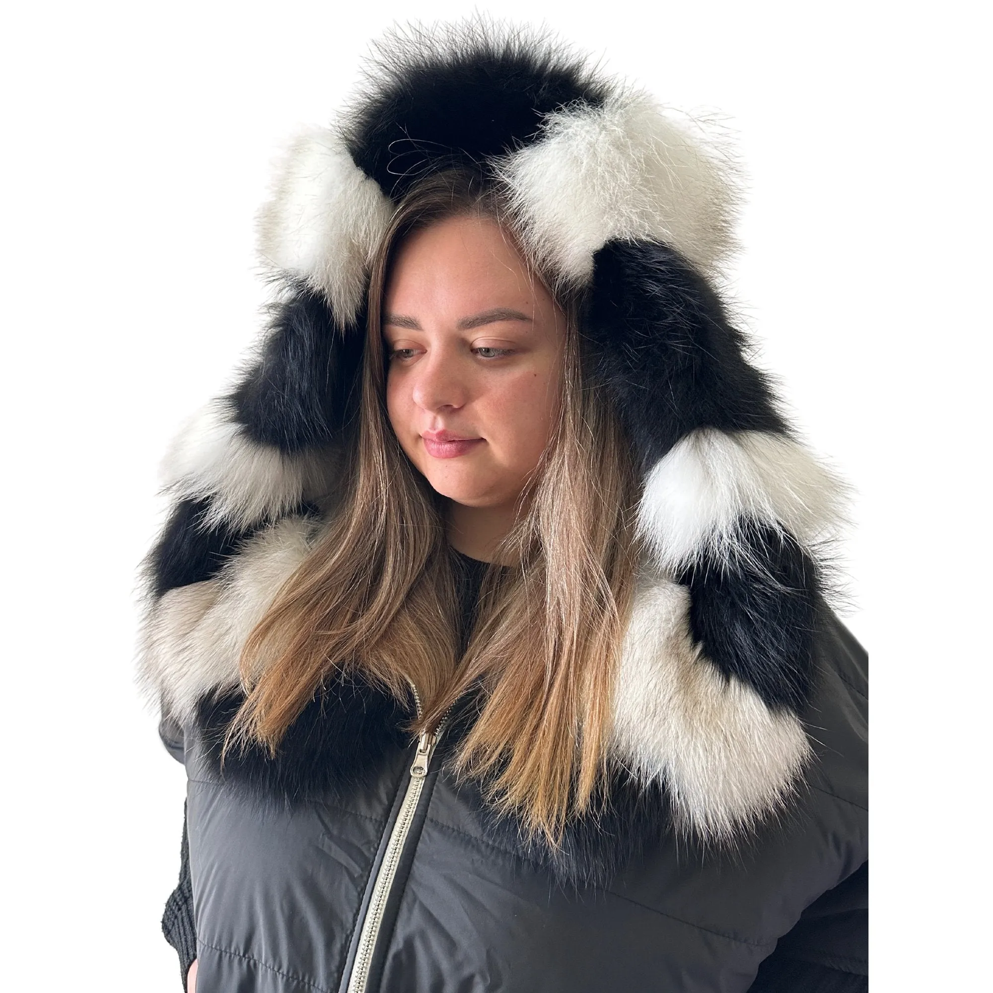 Puffer Ivory Black Quilted Double-Sided Long Coat Vest Cape with Hood - Stylish and Warm Women's Outerwear Plus size