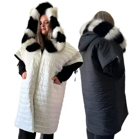 Puffer Ivory Black Quilted Double-Sided Long Coat Vest Cape with Hood - Stylish and Warm Women's Outerwear Plus size