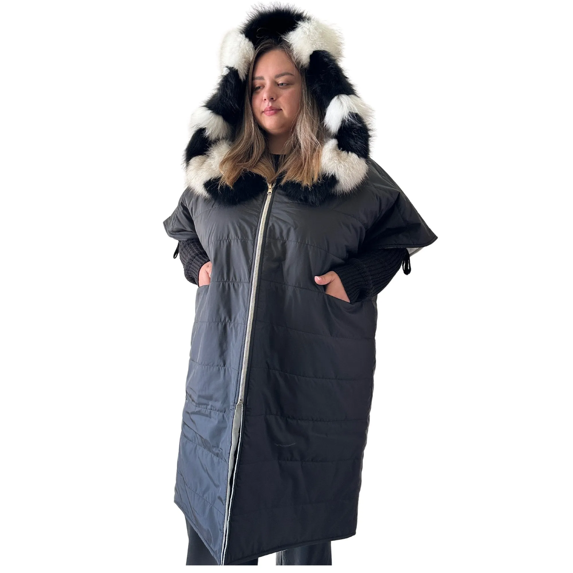 Puffer Ivory Black Quilted Double-Sided Long Coat Vest Cape with Hood - Stylish and Warm Women's Outerwear Plus size