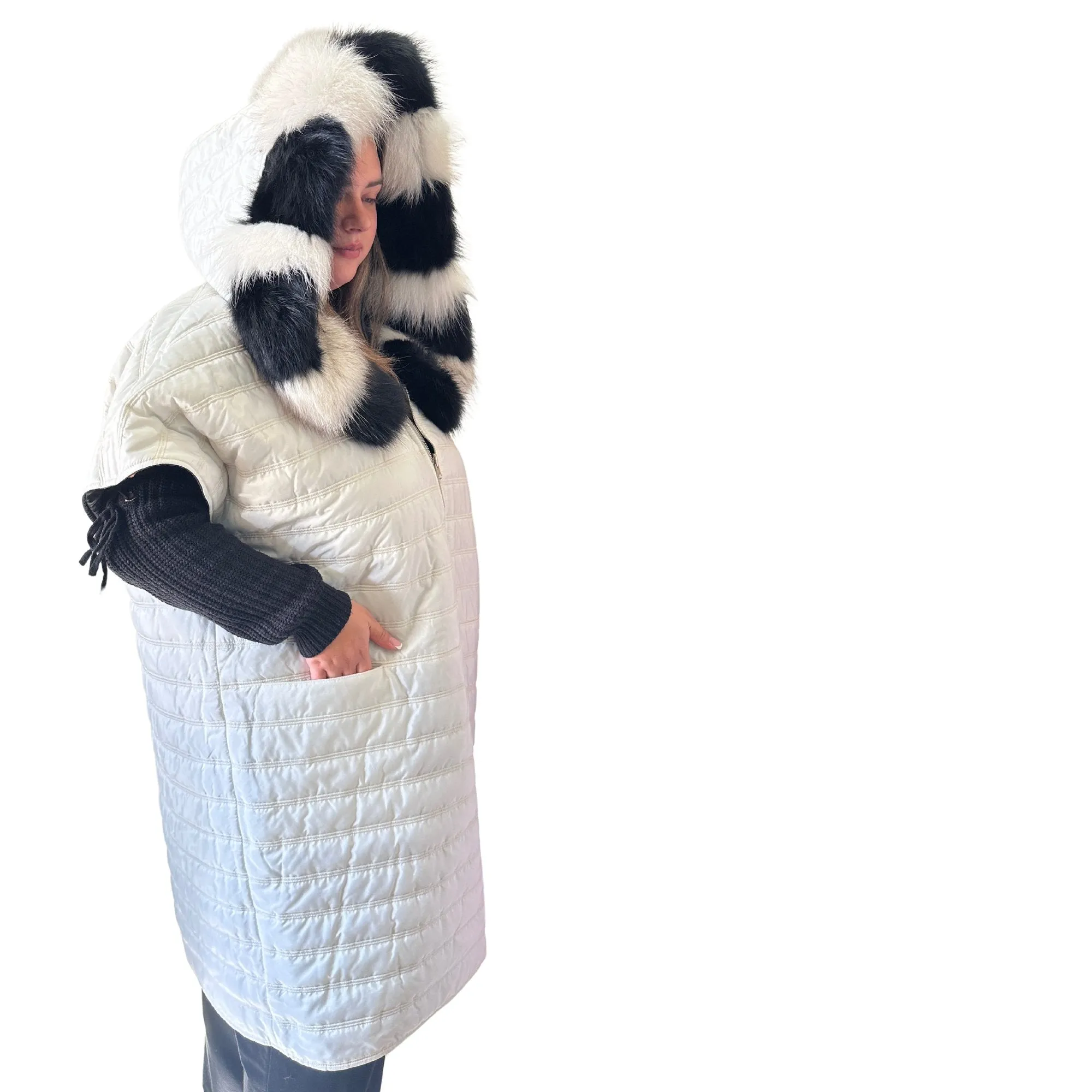 Puffer Ivory Black Quilted Double-Sided Long Coat Vest Cape with Hood - Stylish and Warm Women's Outerwear Plus size