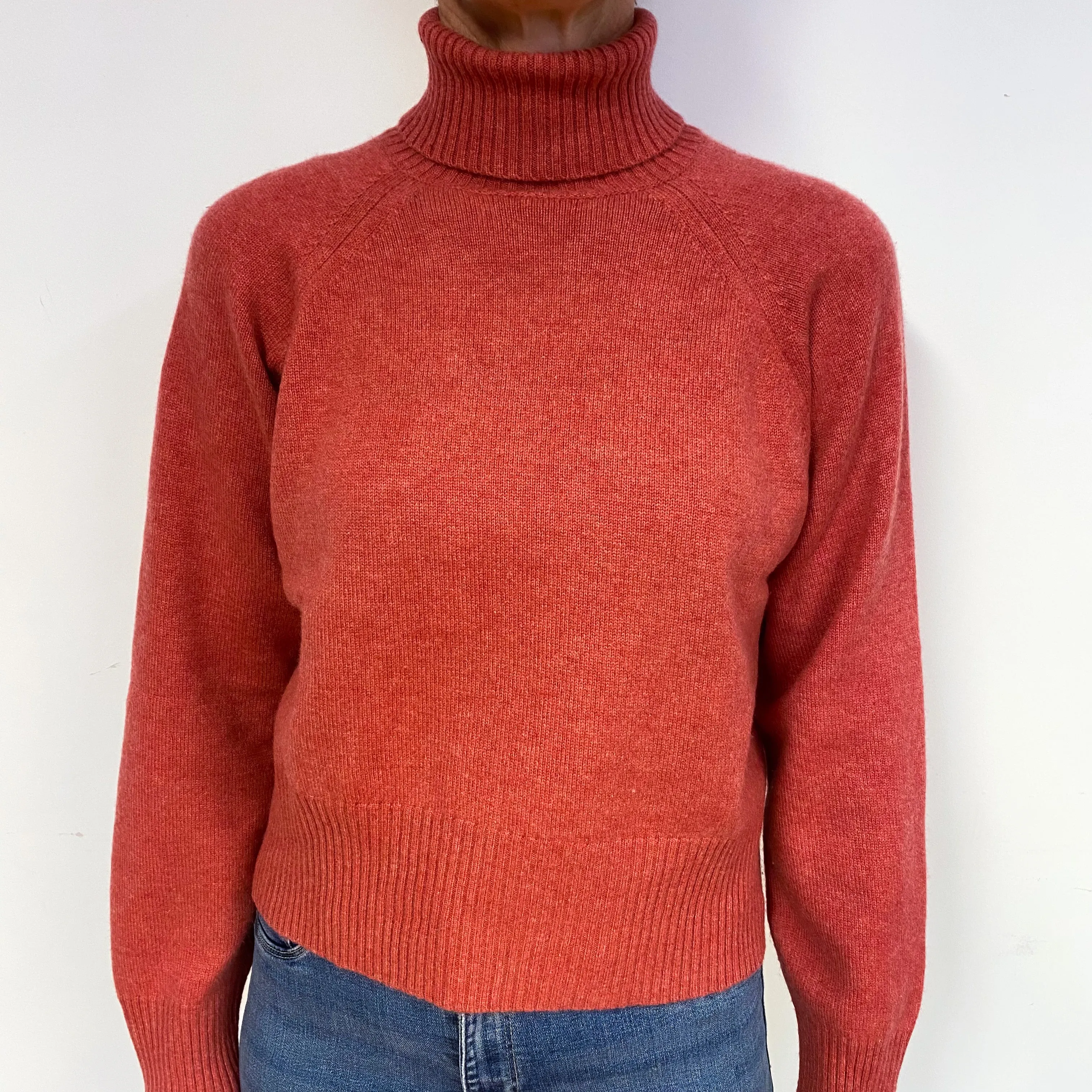 Punch Pink Heavy Knit Cashmere Polo Neck Jumper Medium