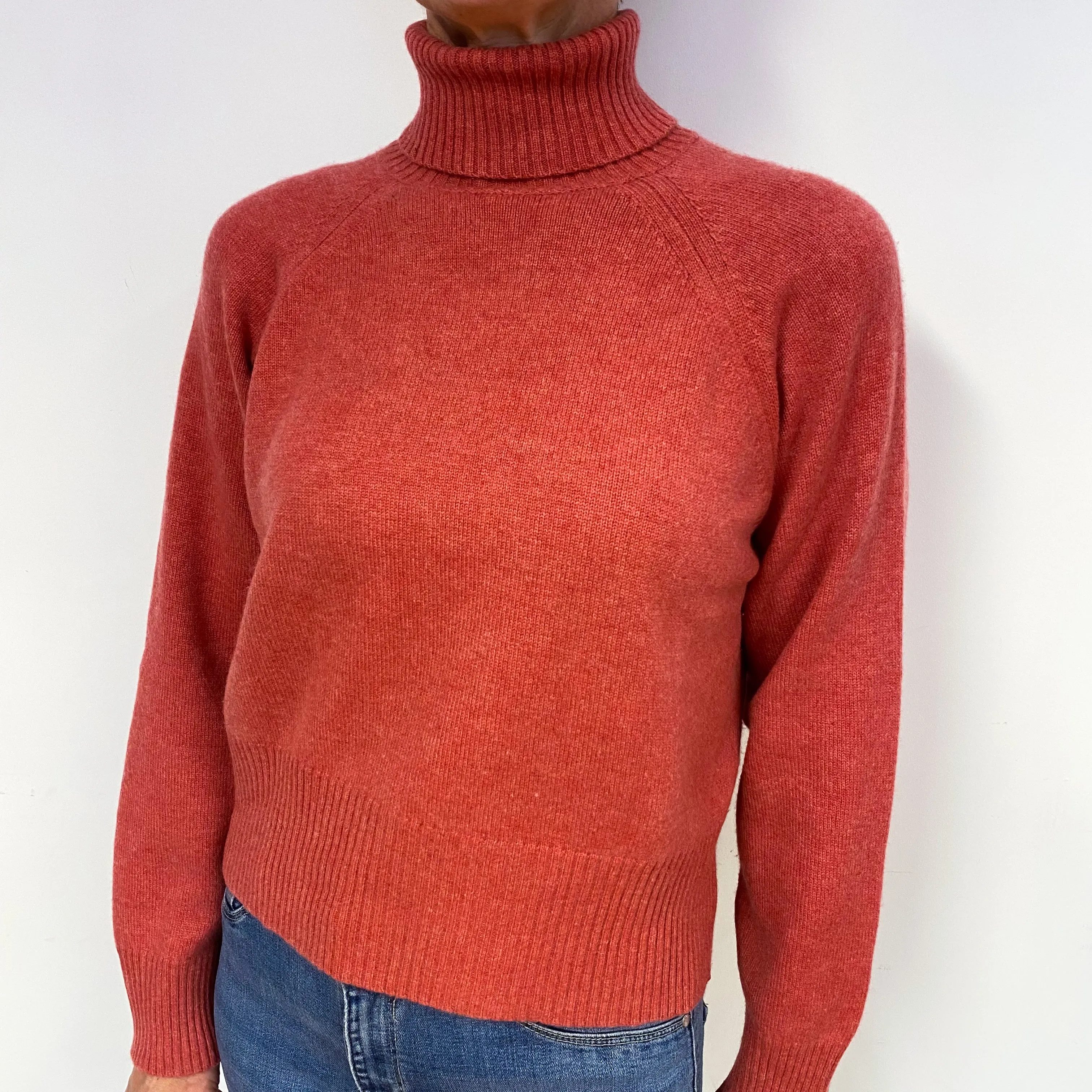 Punch Pink Heavy Knit Cashmere Polo Neck Jumper Medium