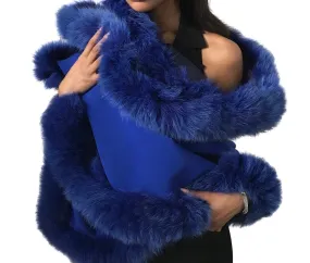 Royal Blue Women Cape Wrap, Elegant stole lined with fox fur trim, Blanket scarf oversized for womens